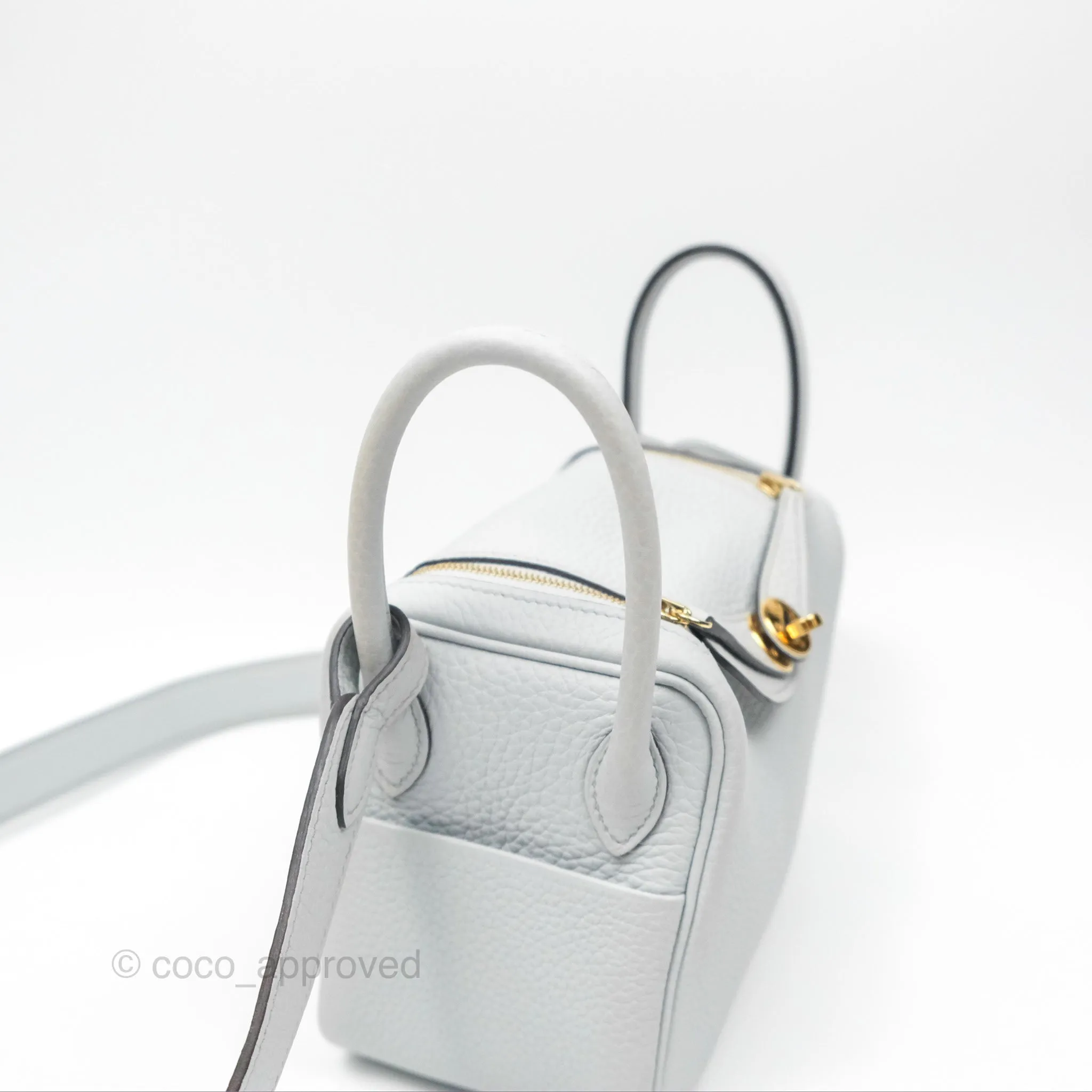 Herms Mini Lindy 20 Bleu Pale Clemence Gold Hardware