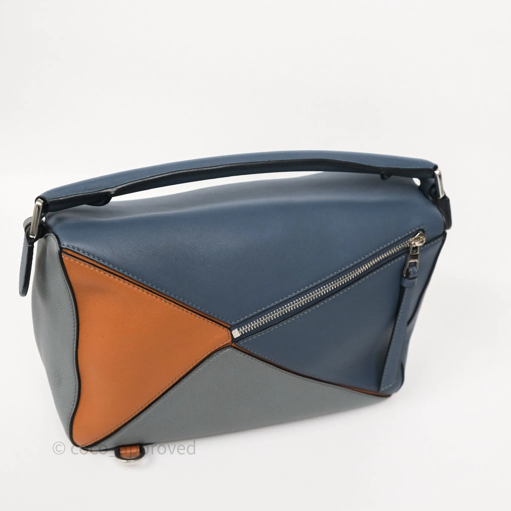 Loewe Medium Puzzle Bag Stone Blue Indigo Tan Calfskin Silver Hardware