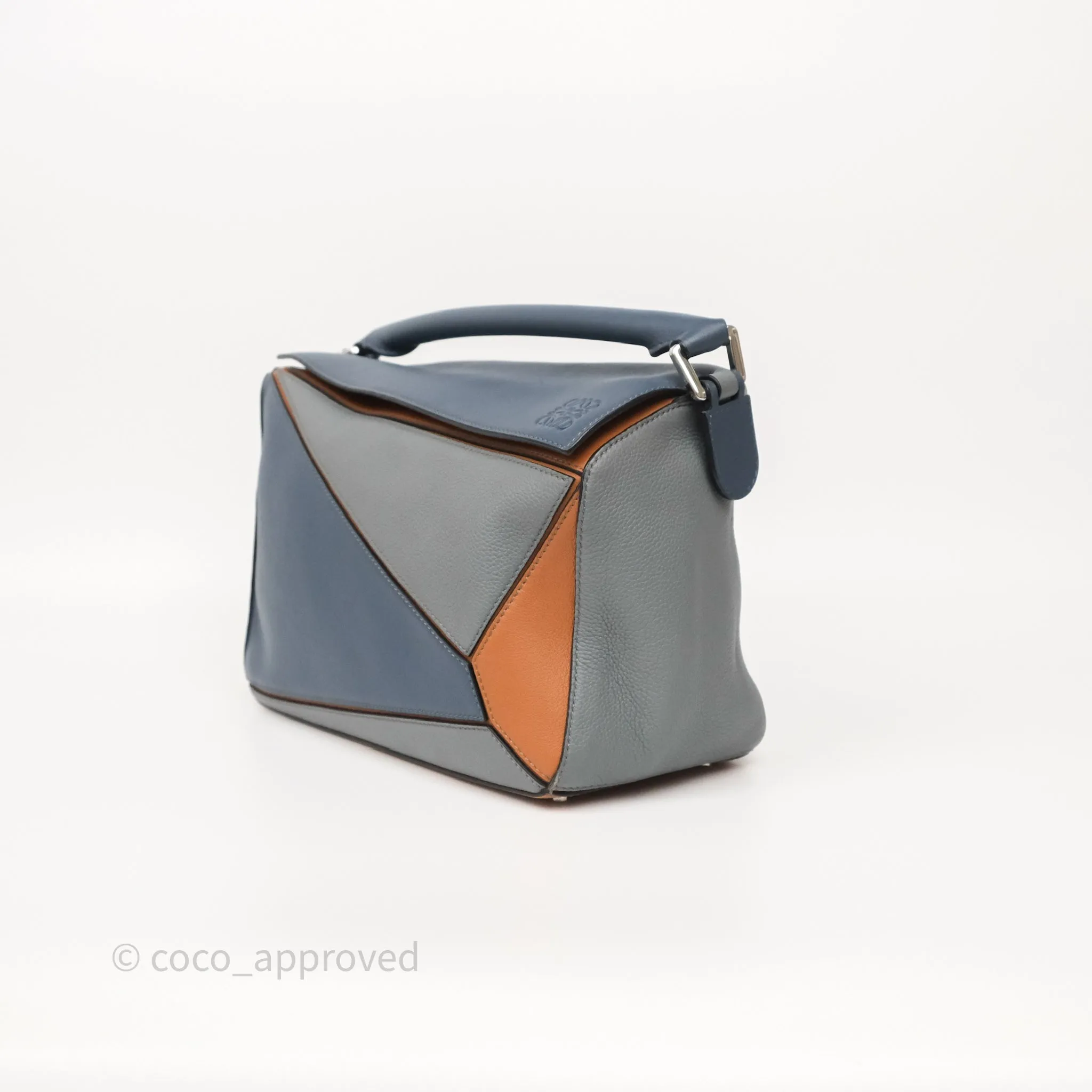 Loewe Medium Puzzle Bag Stone Blue Indigo Tan Calfskin Silver Hardware