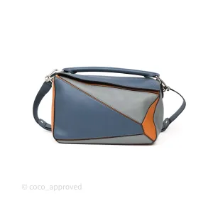 Loewe Medium Puzzle Bag Stone Blue Indigo Tan Calfskin Silver Hardware