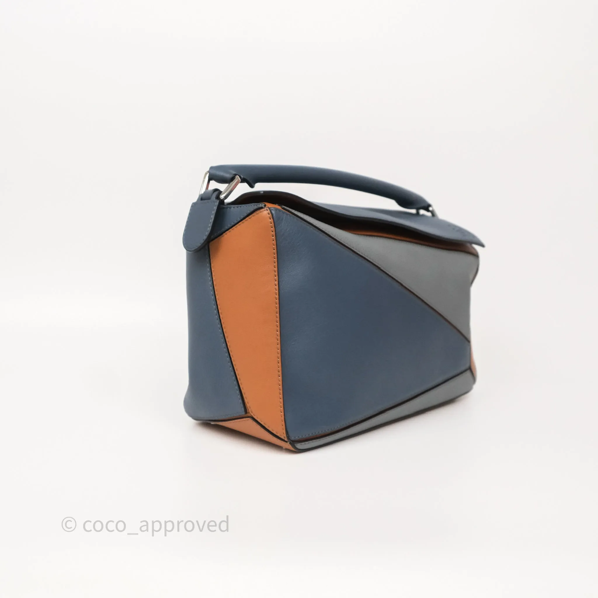 Loewe Medium Puzzle Bag Stone Blue Indigo Tan Calfskin Silver Hardware