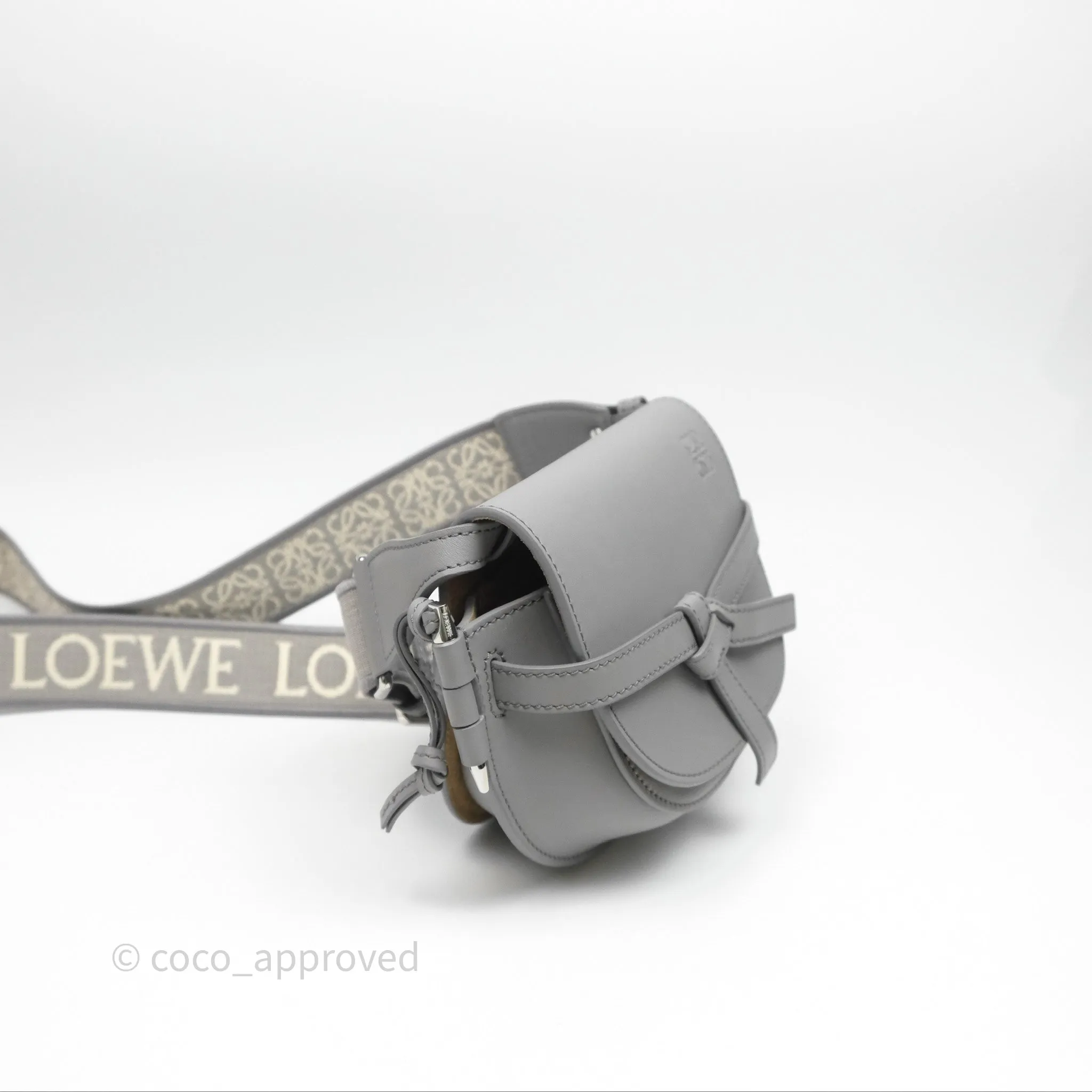 Loewe Mini Gate Dual Bag in Soft Calfskin & Jacquard Strap Light Grey