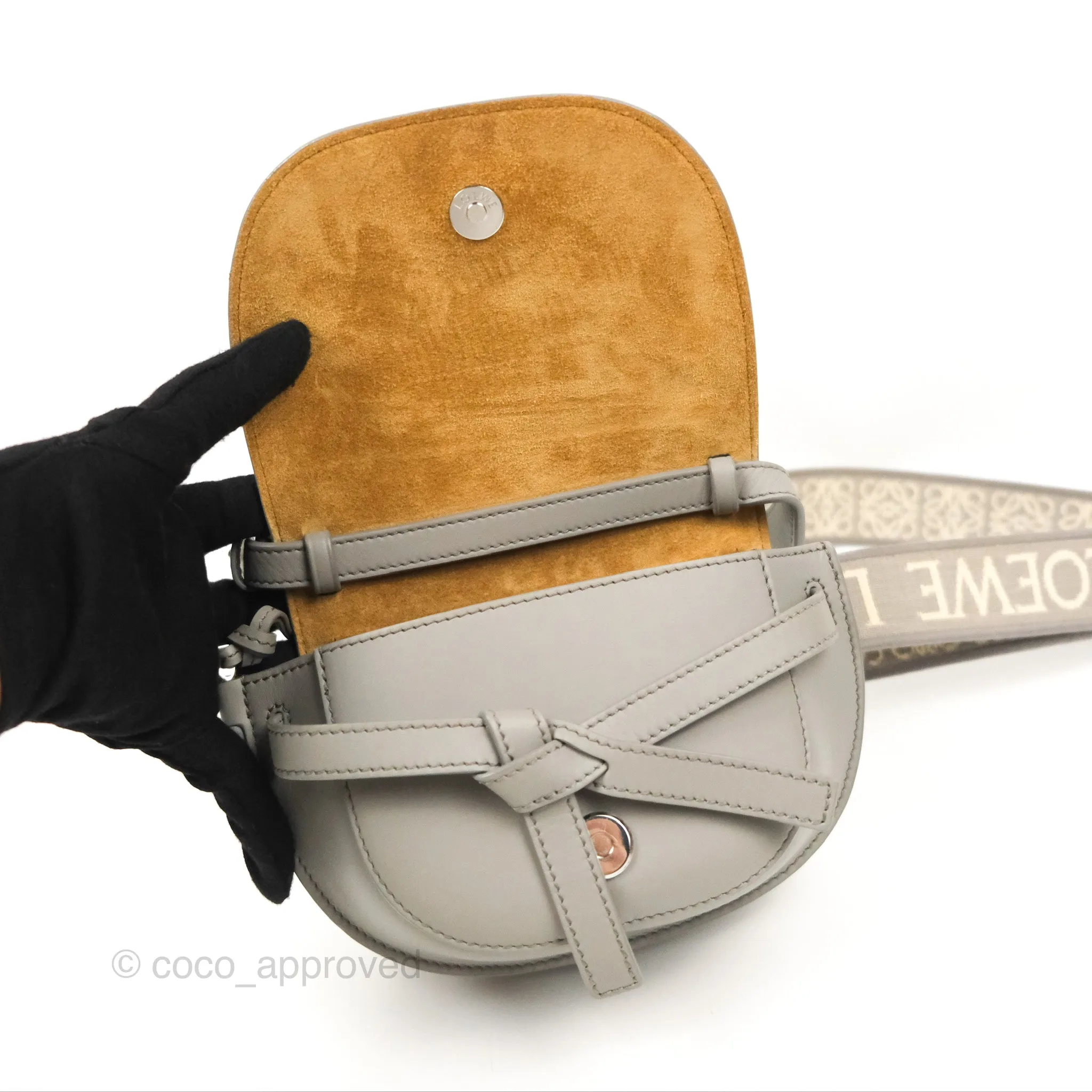Loewe Mini Gate Dual Bag in Soft Calfskin & Jacquard Strap Light Grey