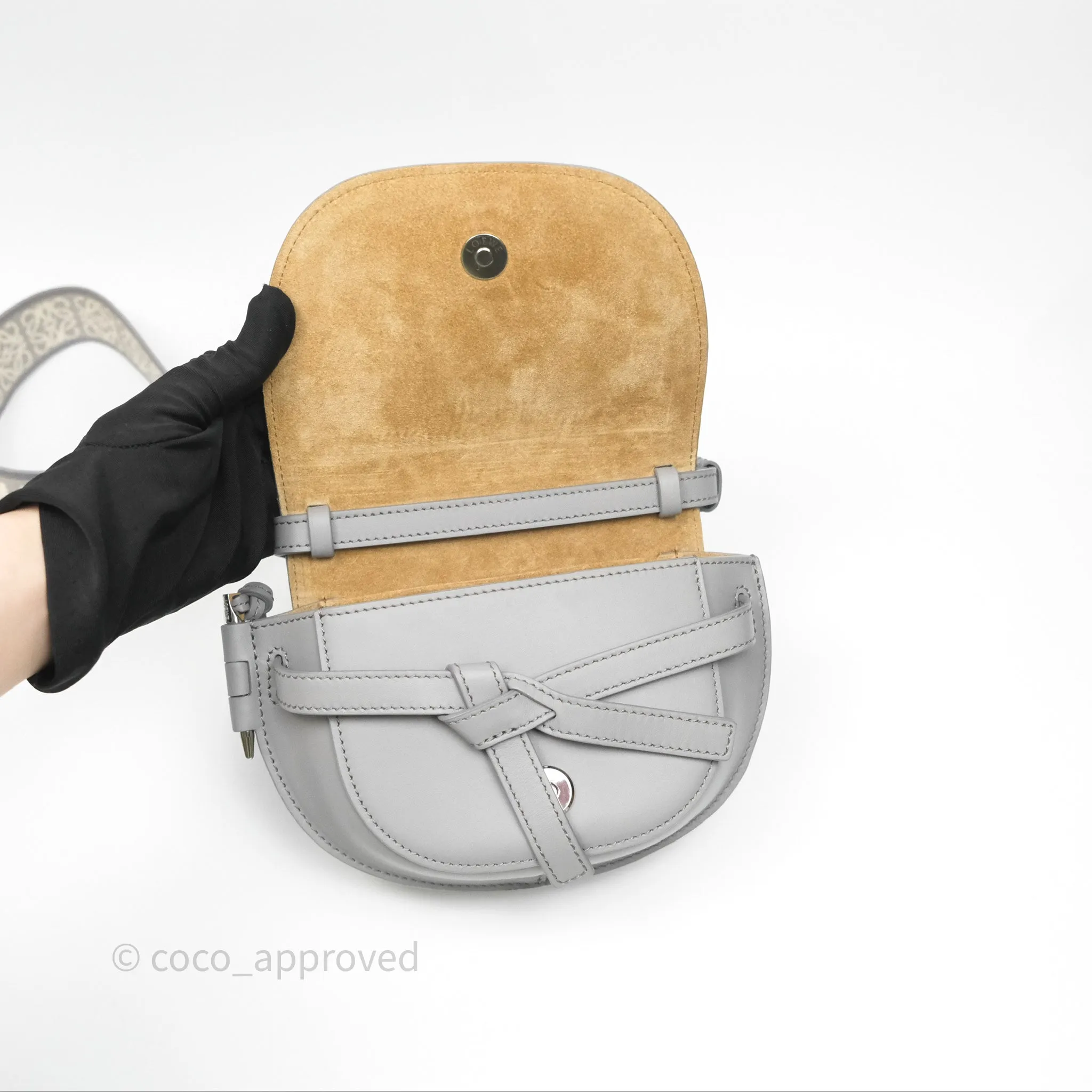 Loewe Mini Gate Dual Bag in Soft Calfskin & Jacquard Strap Light Grey