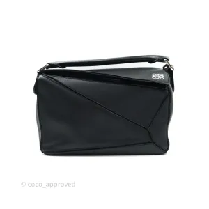 Loewe Puzzle Small Black Calfskin Silver Hardware