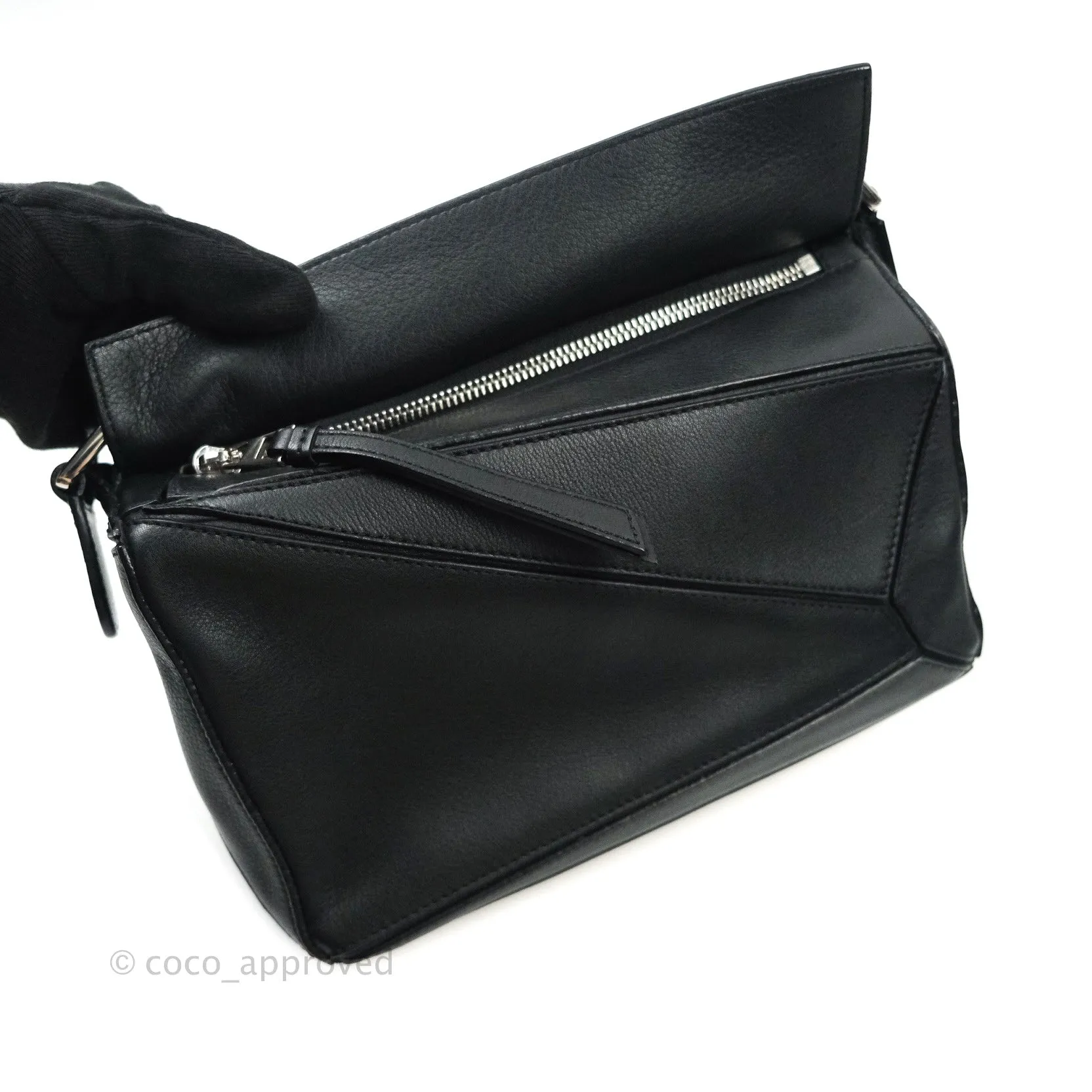 Loewe Puzzle Small Black Calfskin Silver Hardware
