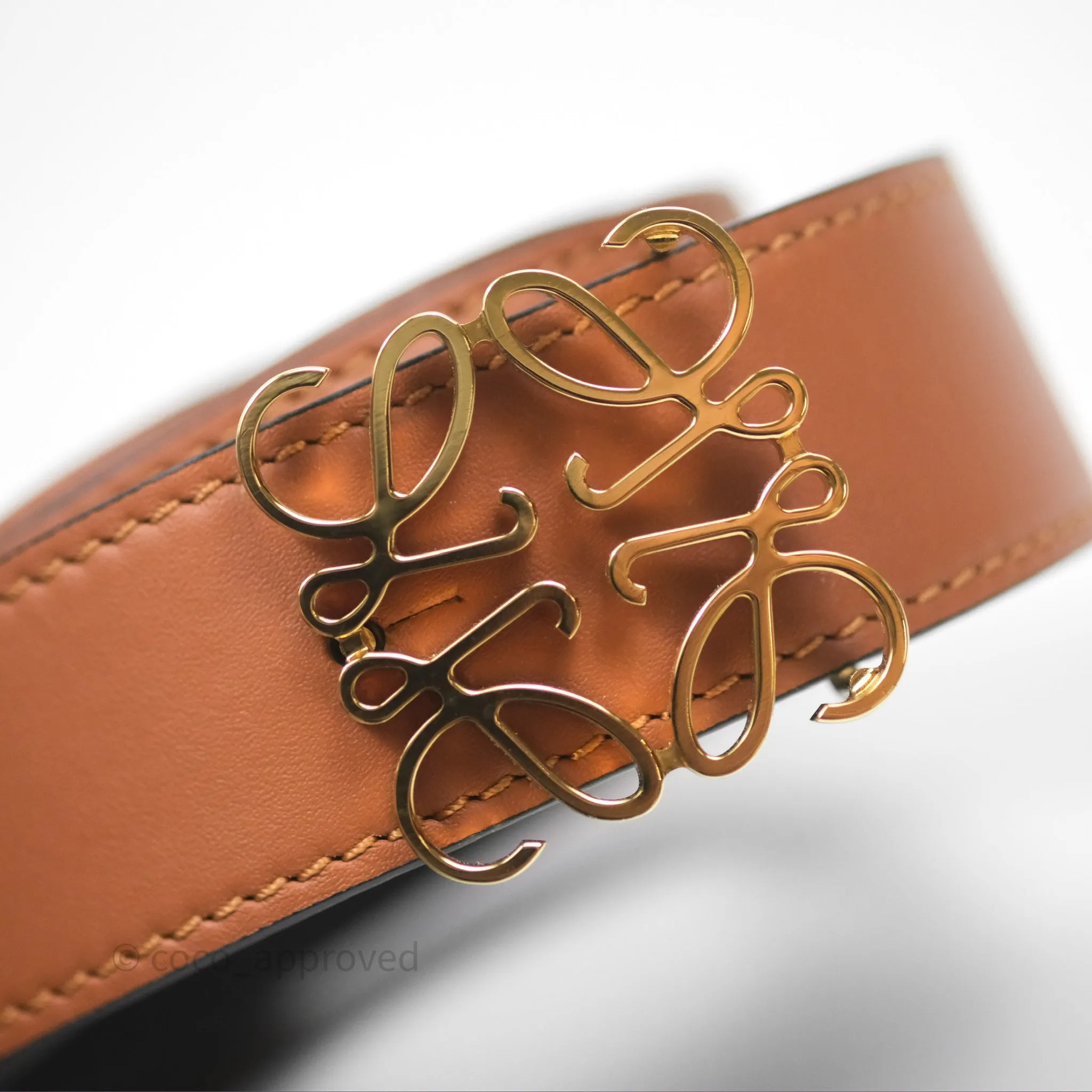 Loewe Reversible Anagram Belt in Smooth Calfskin Tan/ Black Gold Hardware Size 85