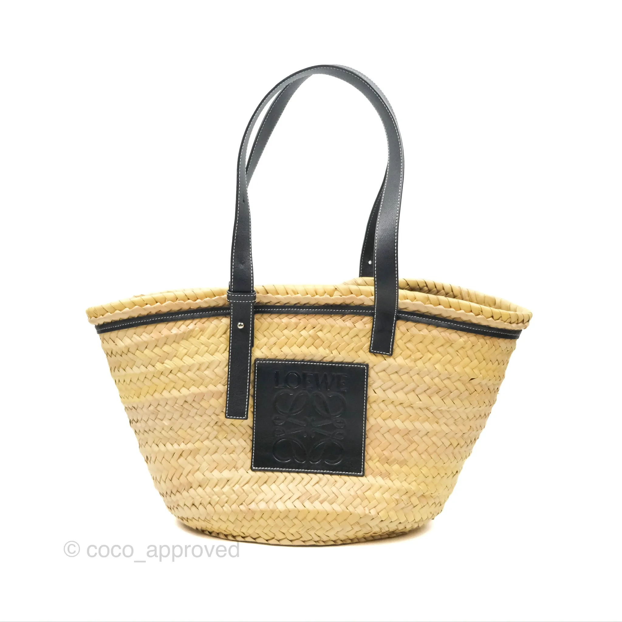 Loewe Woven Basket Bag Black Leather Natural Palm Leaf