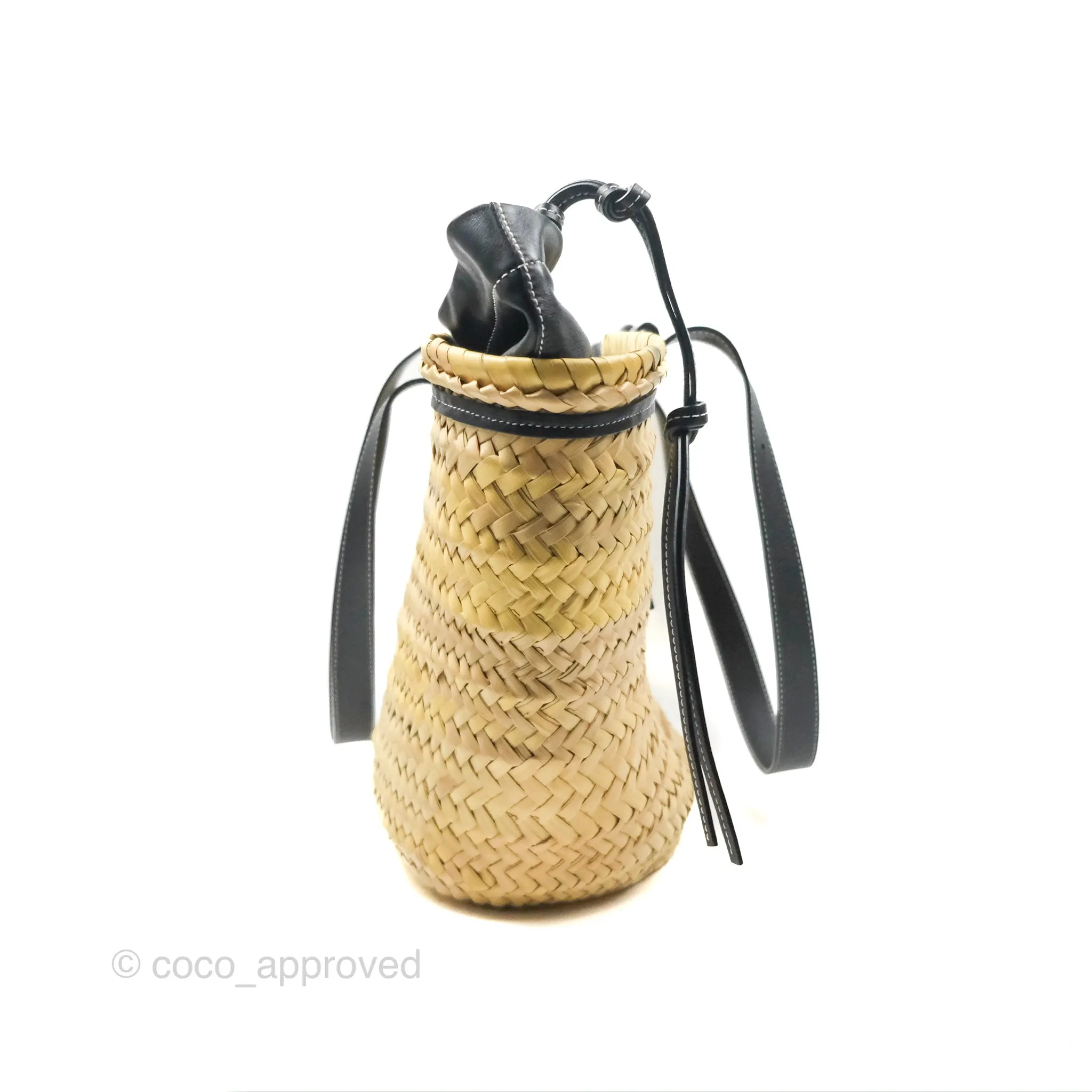 Loewe Woven Basket Bag Black Leather Natural Palm Leaf