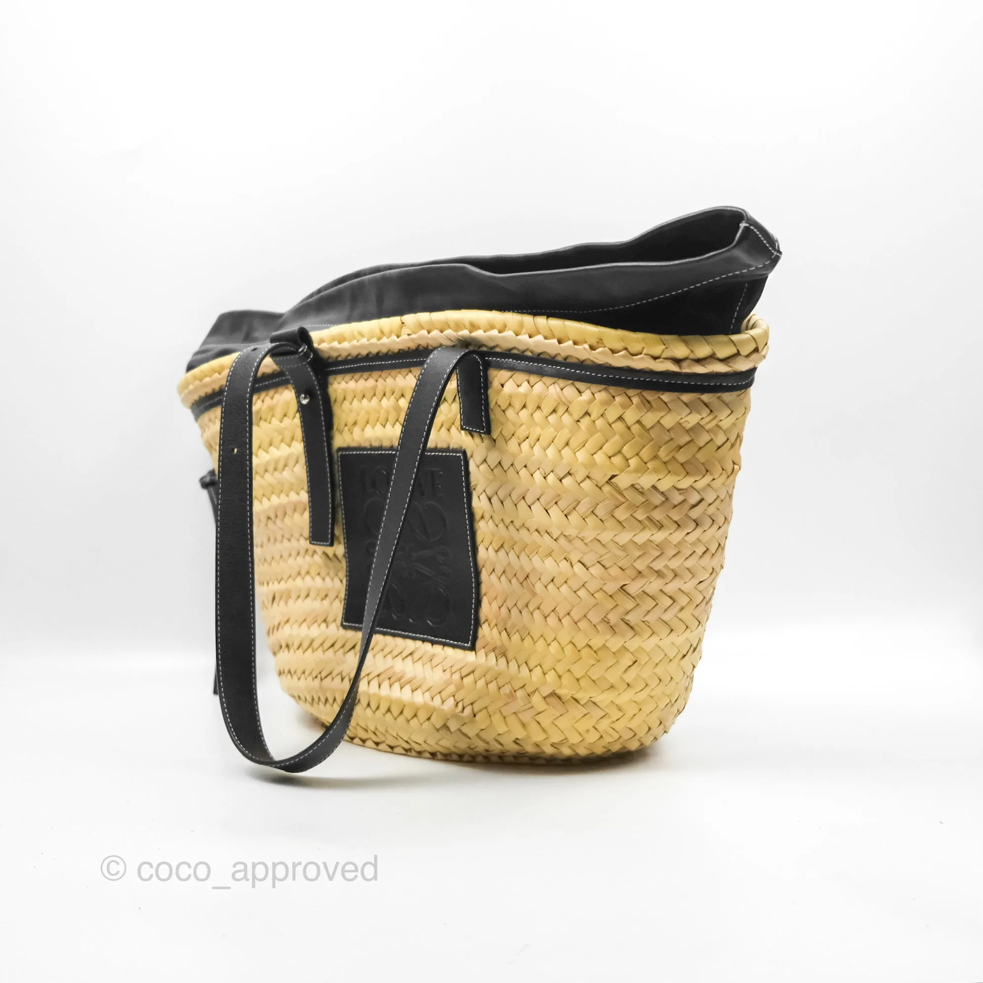 Loewe Woven Basket Bag Black Leather Natural Palm Leaf