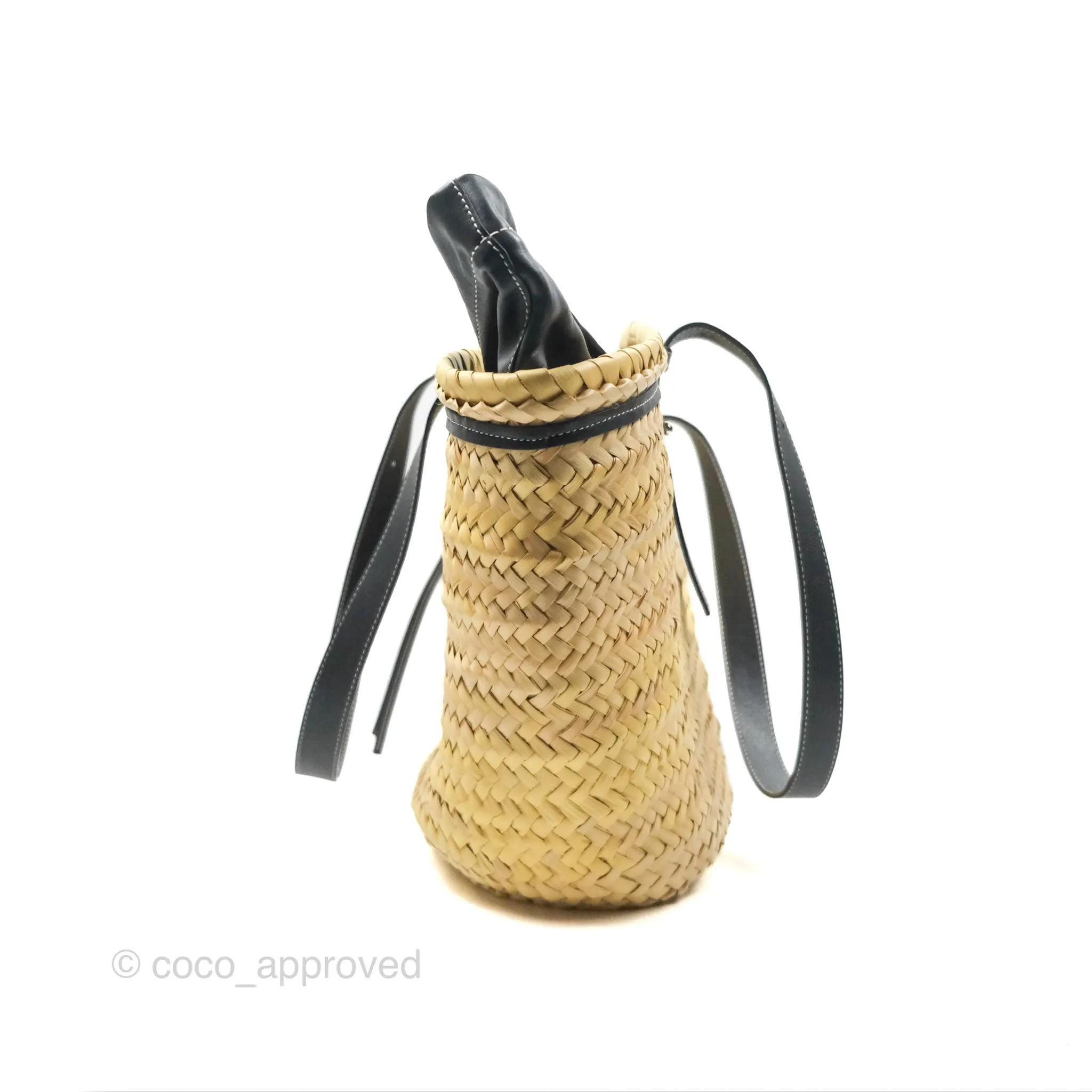 Loewe Woven Basket Bag Black Leather Natural Palm Leaf