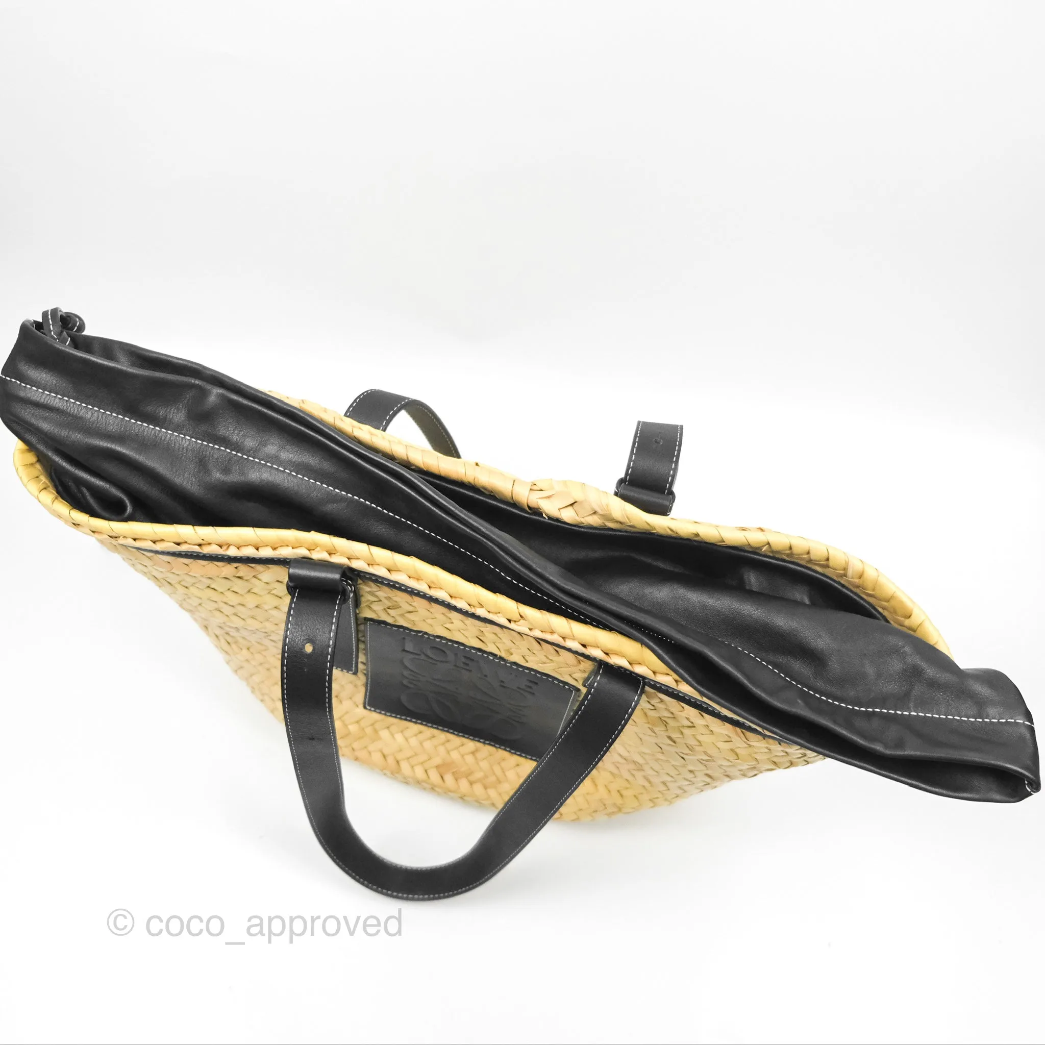 Loewe Woven Basket Bag Black Leather Natural Palm Leaf