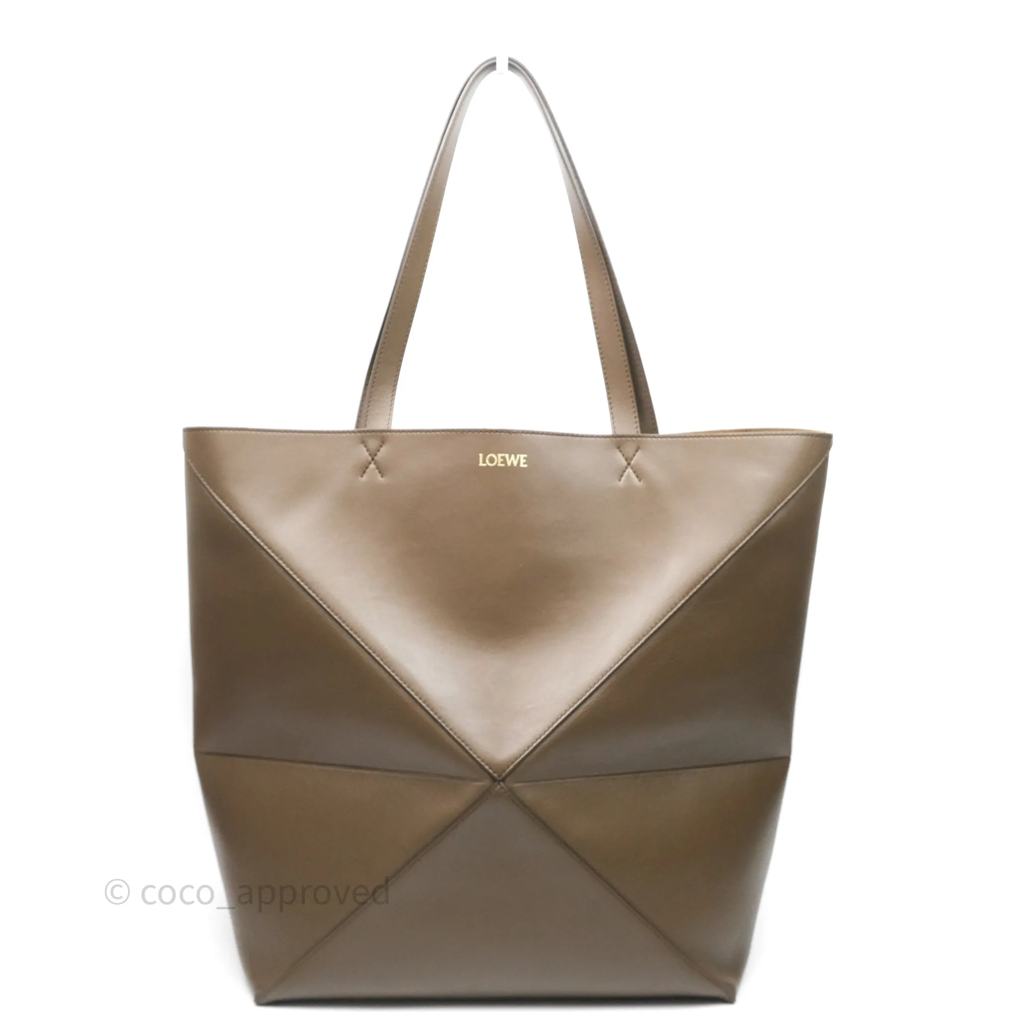 Loewe XL Puzzle Fold Tote In Shiny Calfskin Umber