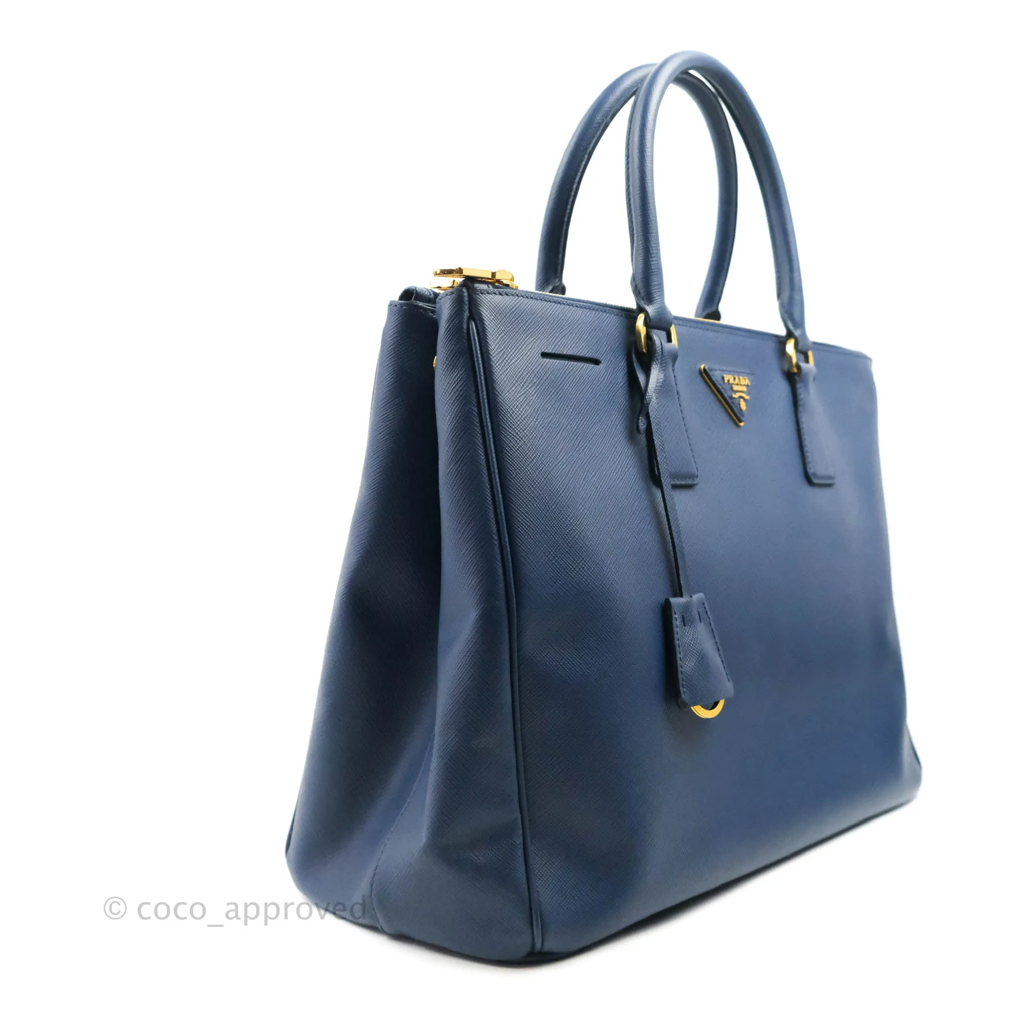 Prada Double Zip Lux Saffiano Dark Blue Large Tote Bag