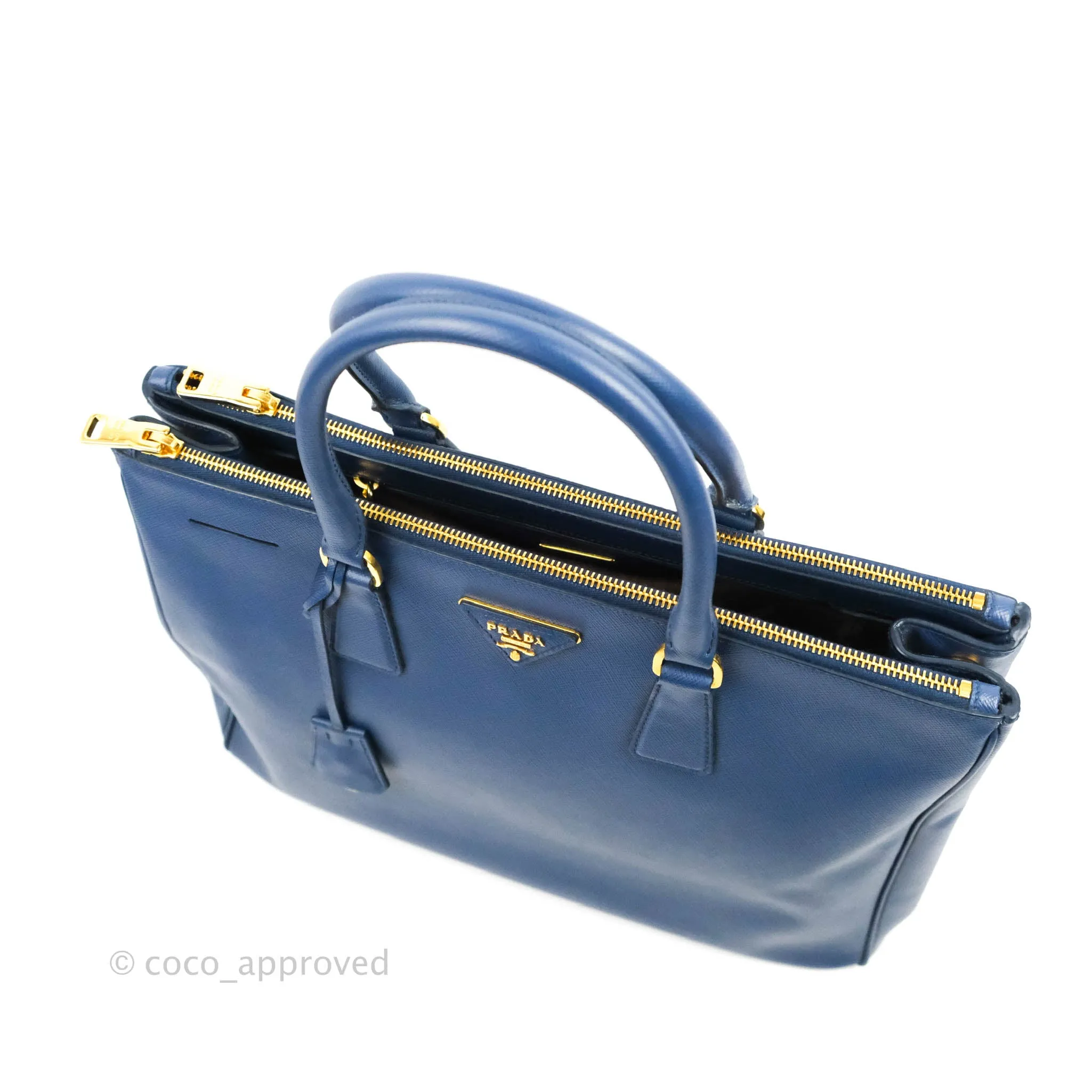 Prada Double Zip Lux Saffiano Dark Blue Large Tote Bag