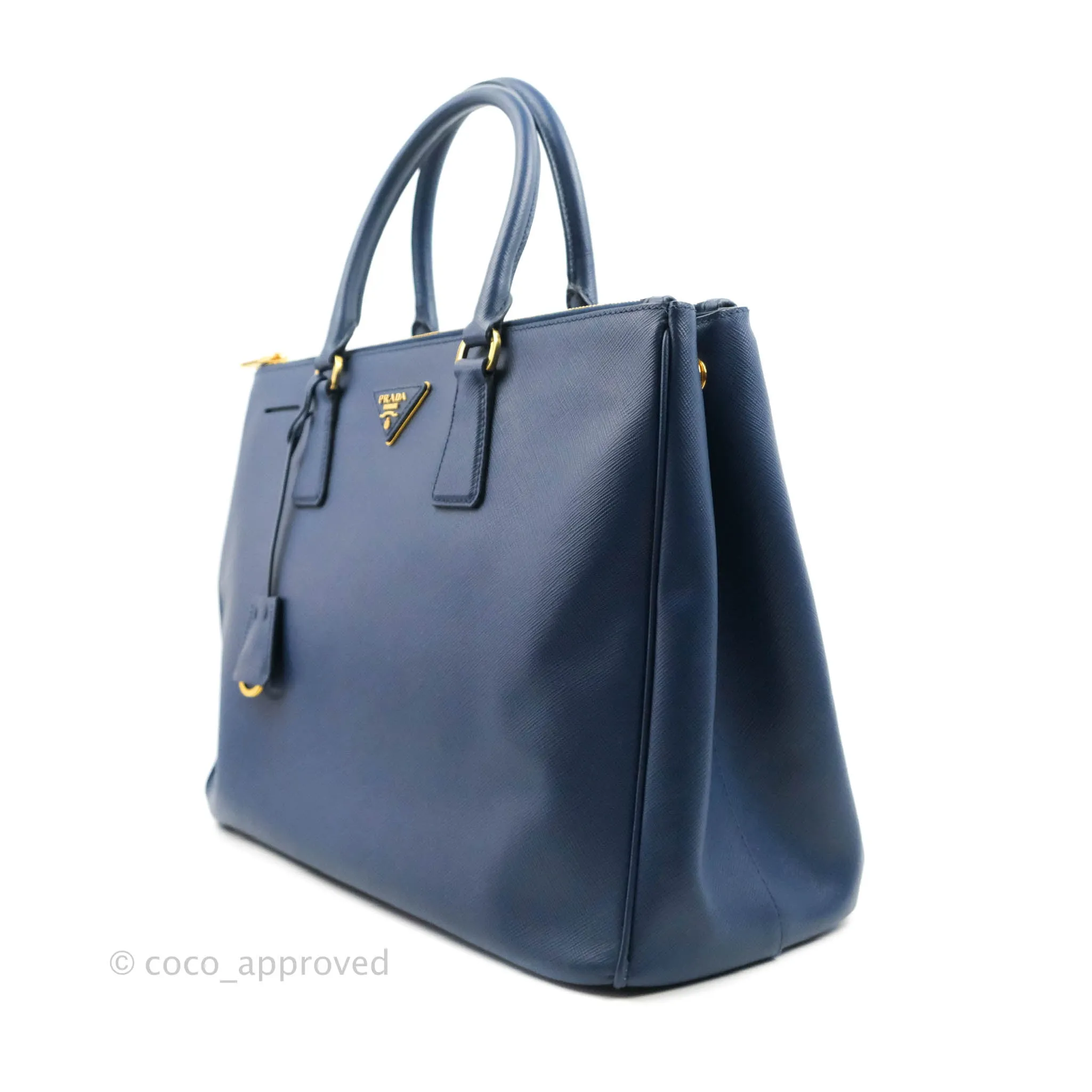 Prada Double Zip Lux Saffiano Dark Blue Large Tote Bag