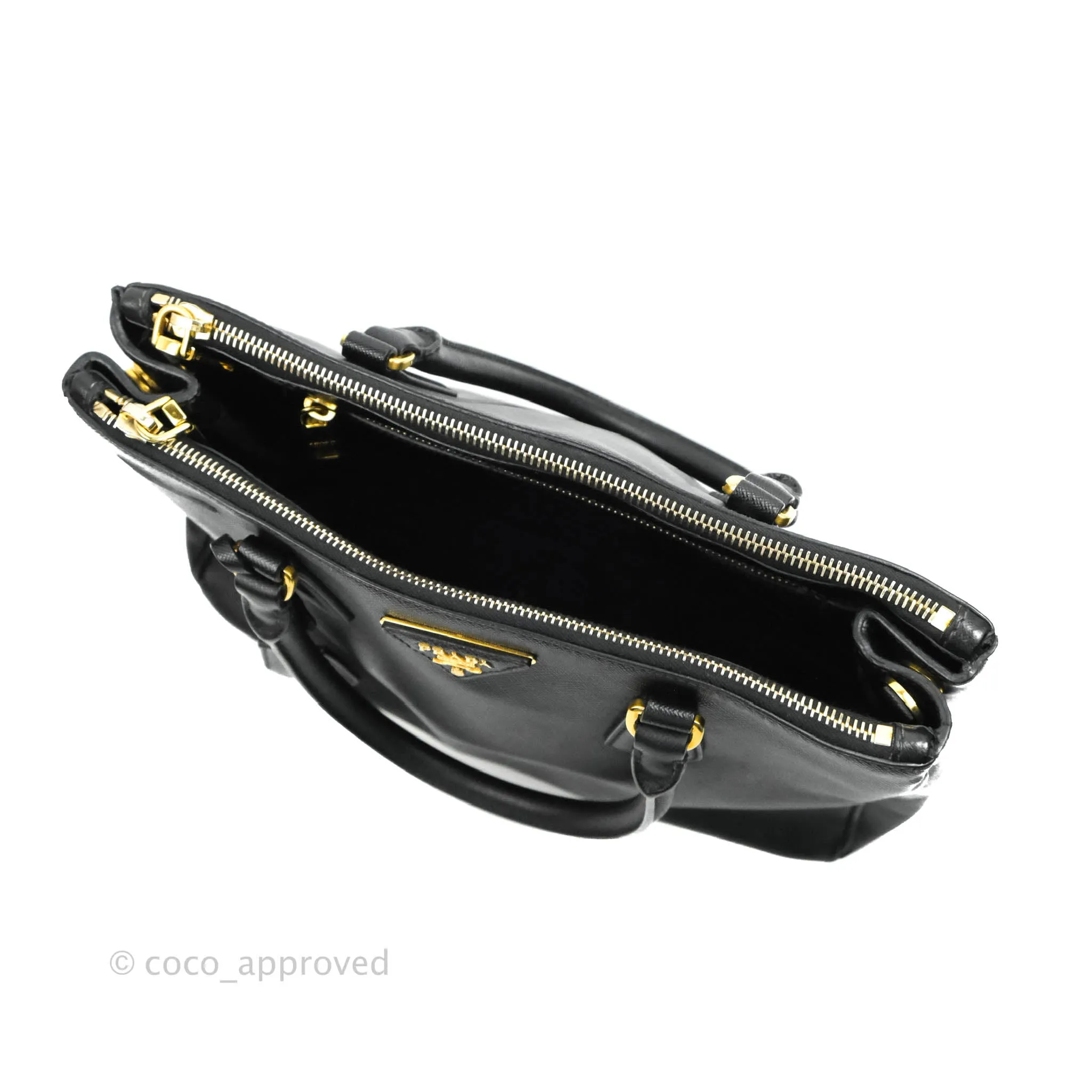 Prada Galleria Double Lux Black Saffiano Leather Zip Satchel