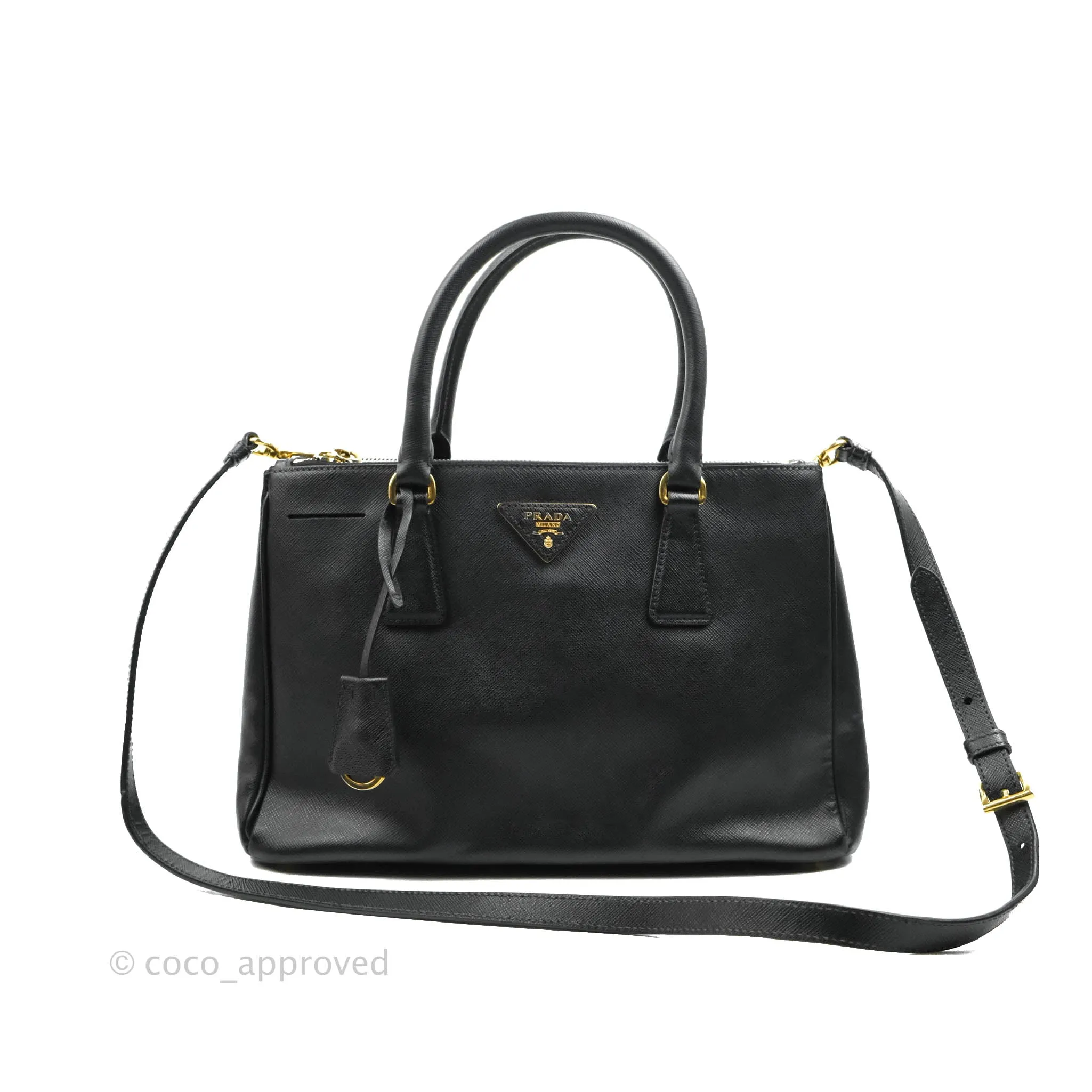 Prada Galleria Double Lux Black Saffiano Leather Zip Satchel
