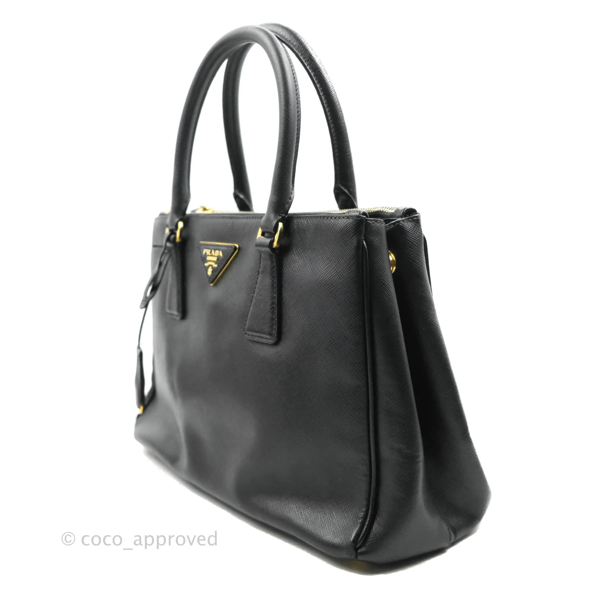 Prada Galleria Double Lux Black Saffiano Leather Zip Satchel
