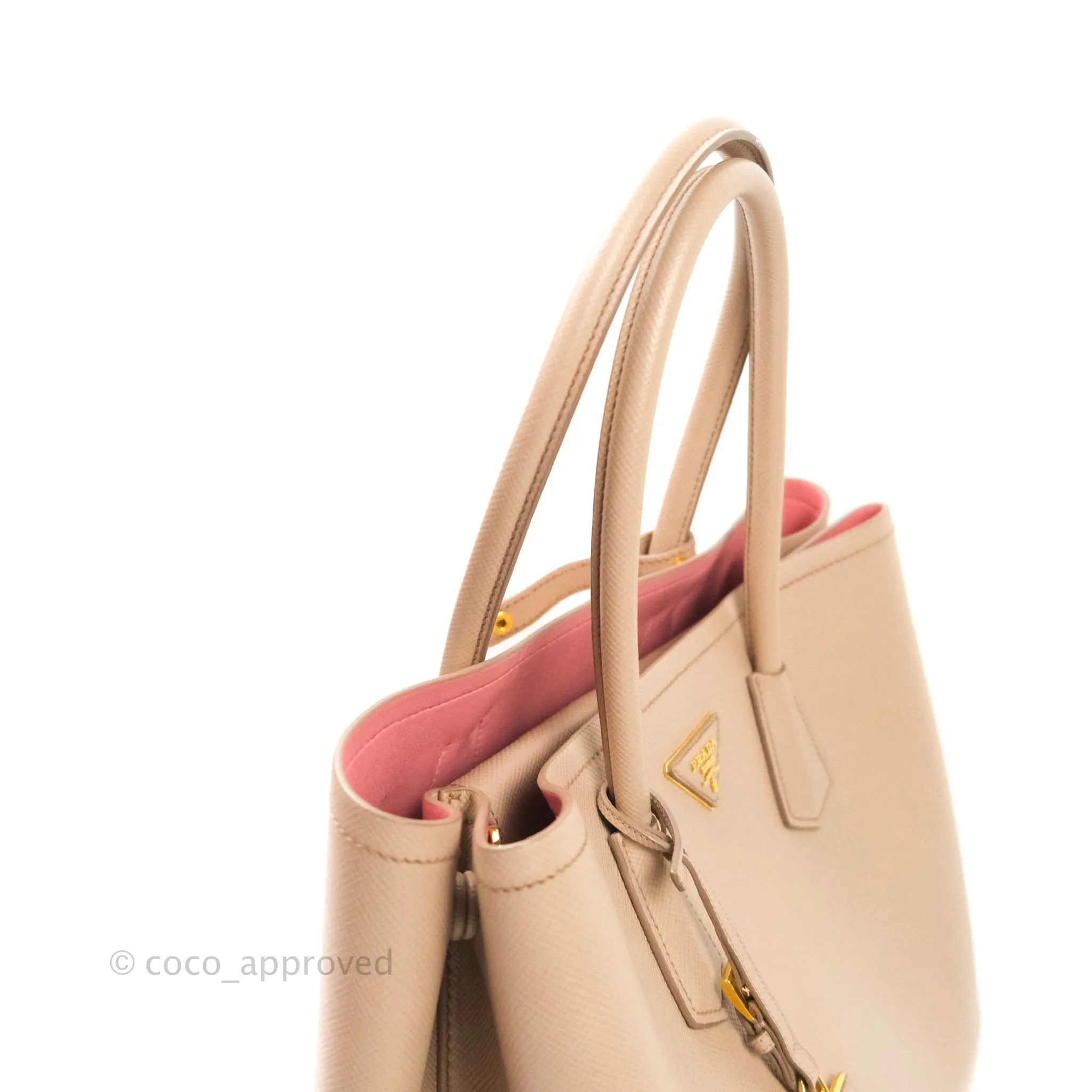Prada Large Saffiano Cuir Double Prada Bag in Cameo/Rose Gold Hardware