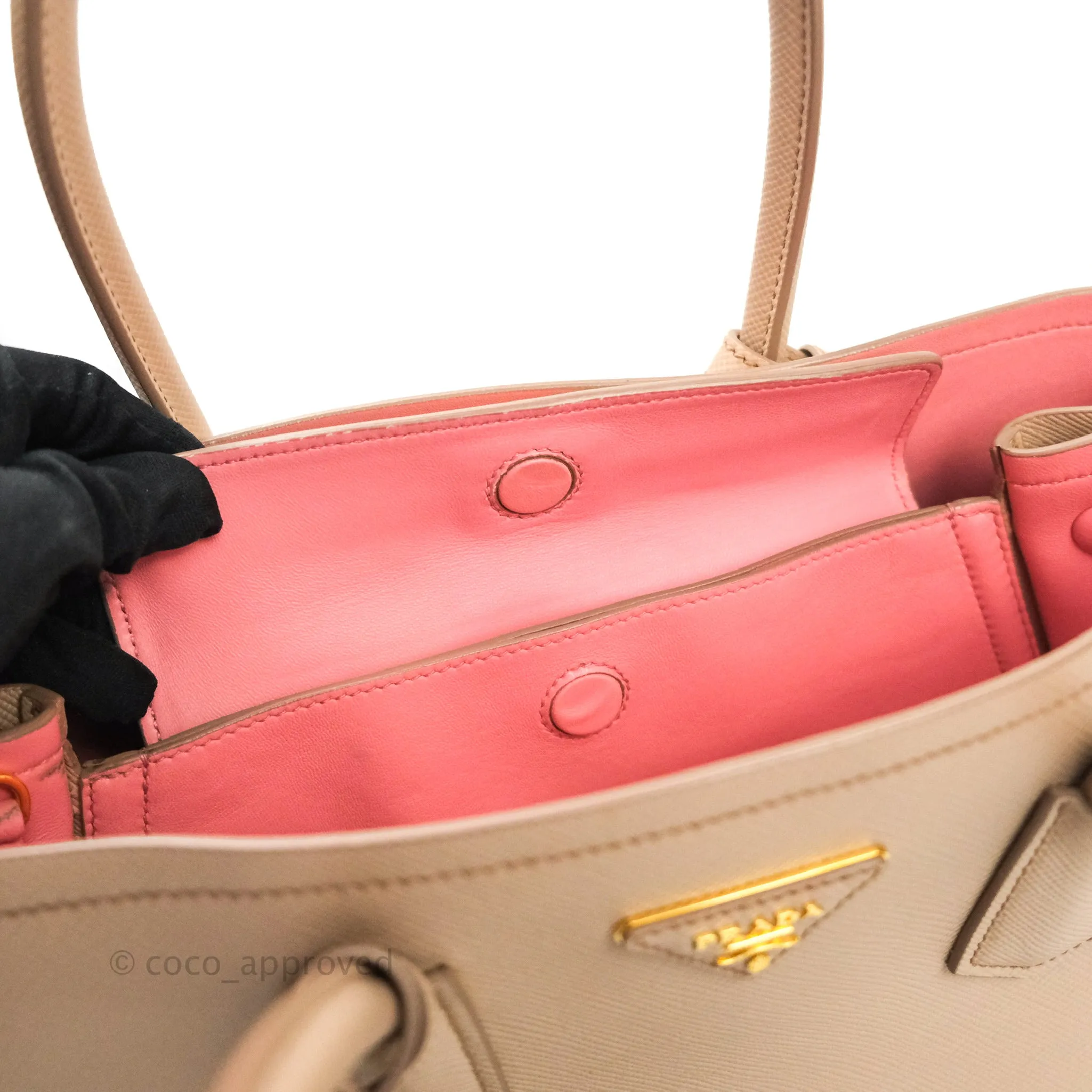 Prada Large Saffiano Cuir Double Prada Bag in Cameo/Rose Gold Hardware