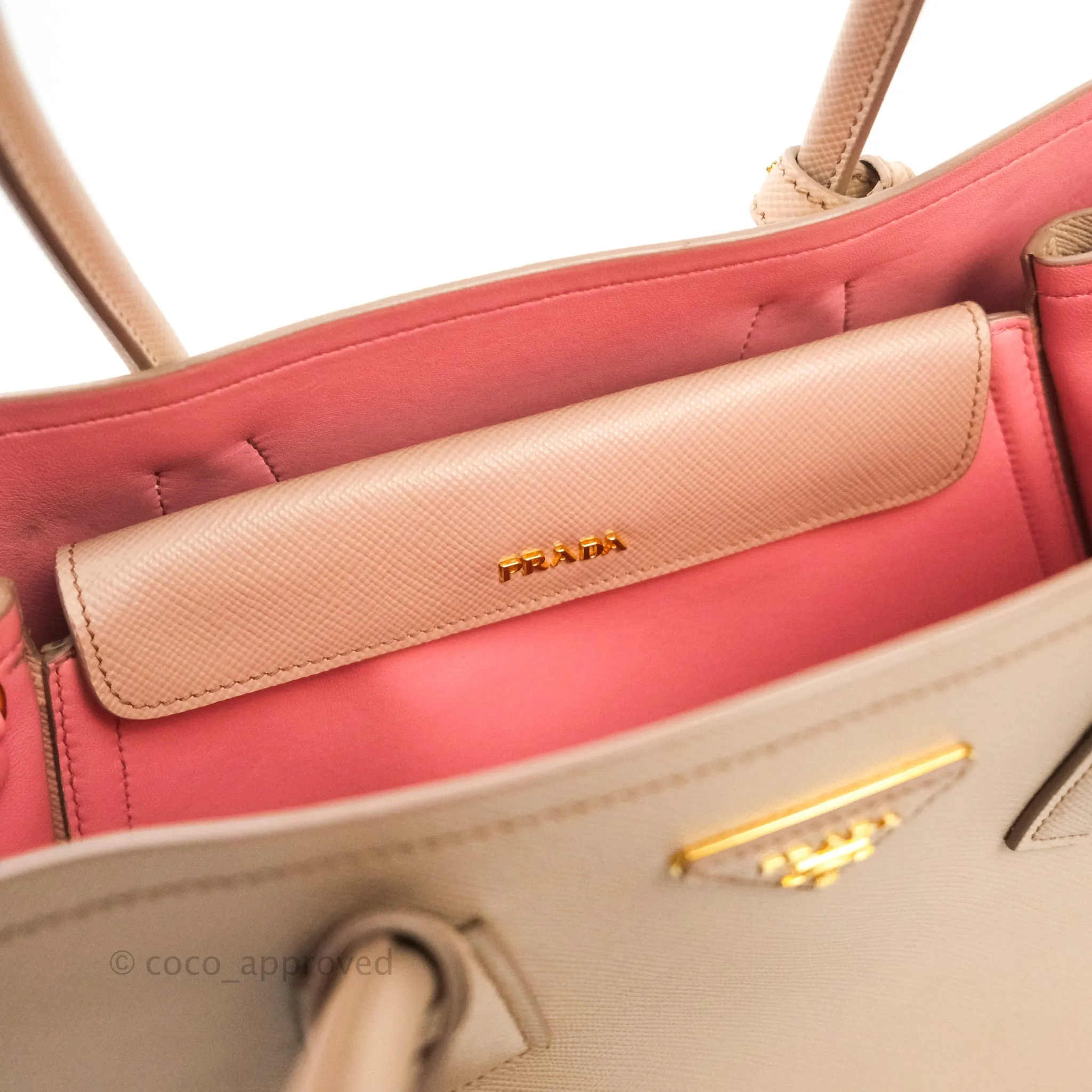 Prada Large Saffiano Cuir Double Prada Bag in Cameo/Rose Gold Hardware