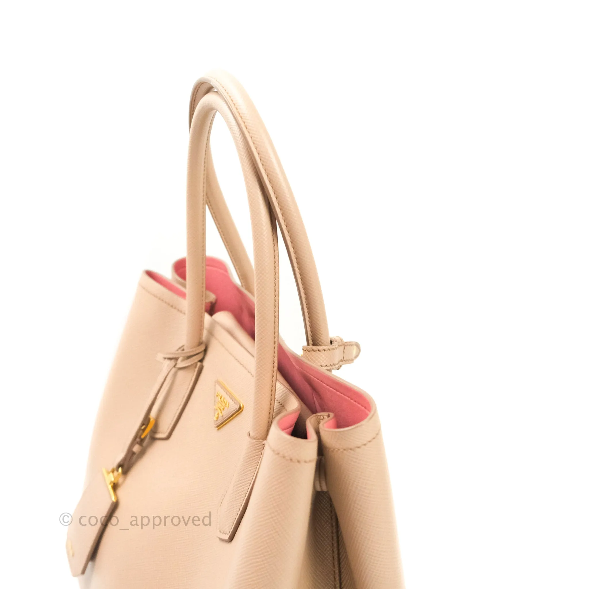 Prada Large Saffiano Cuir Double Prada Bag in Cameo/Rose Gold Hardware