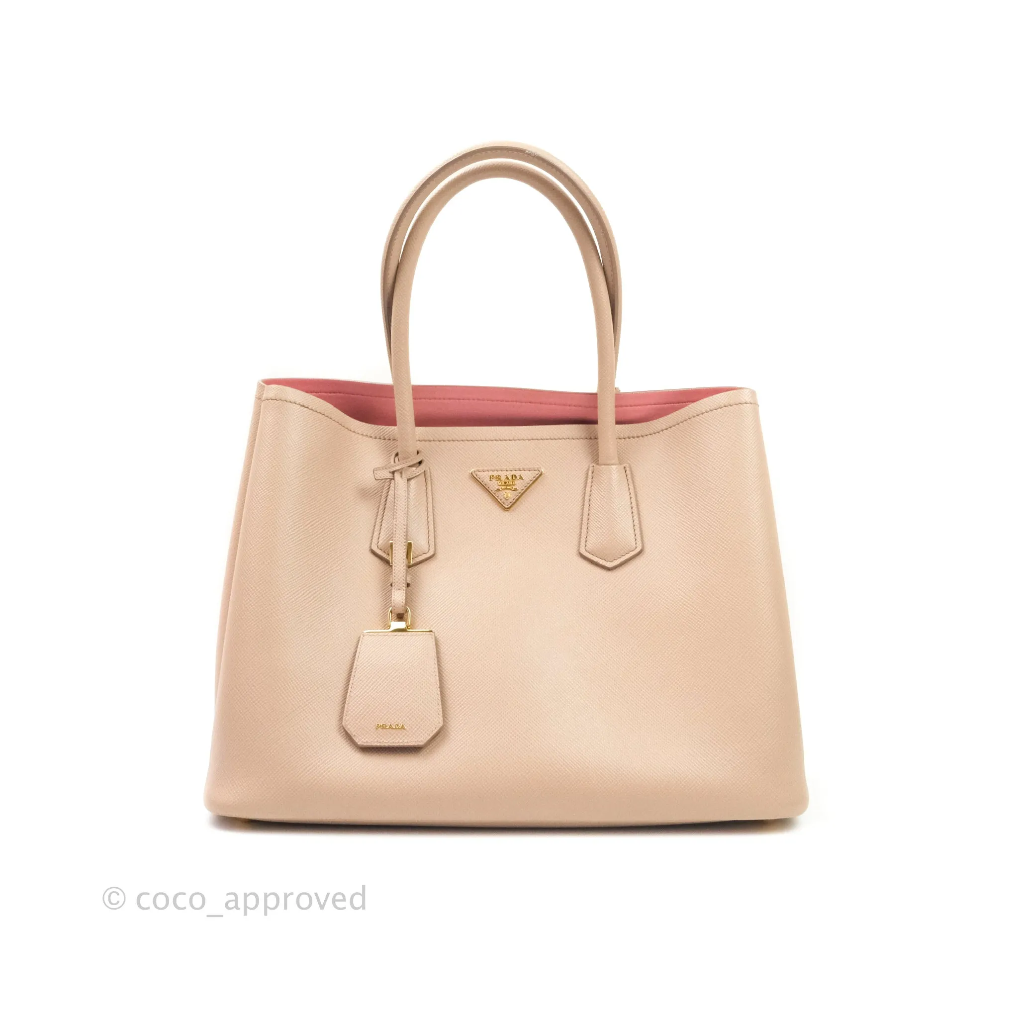 Prada Large Saffiano Cuir Double Prada Bag in Cameo/Rose Gold Hardware