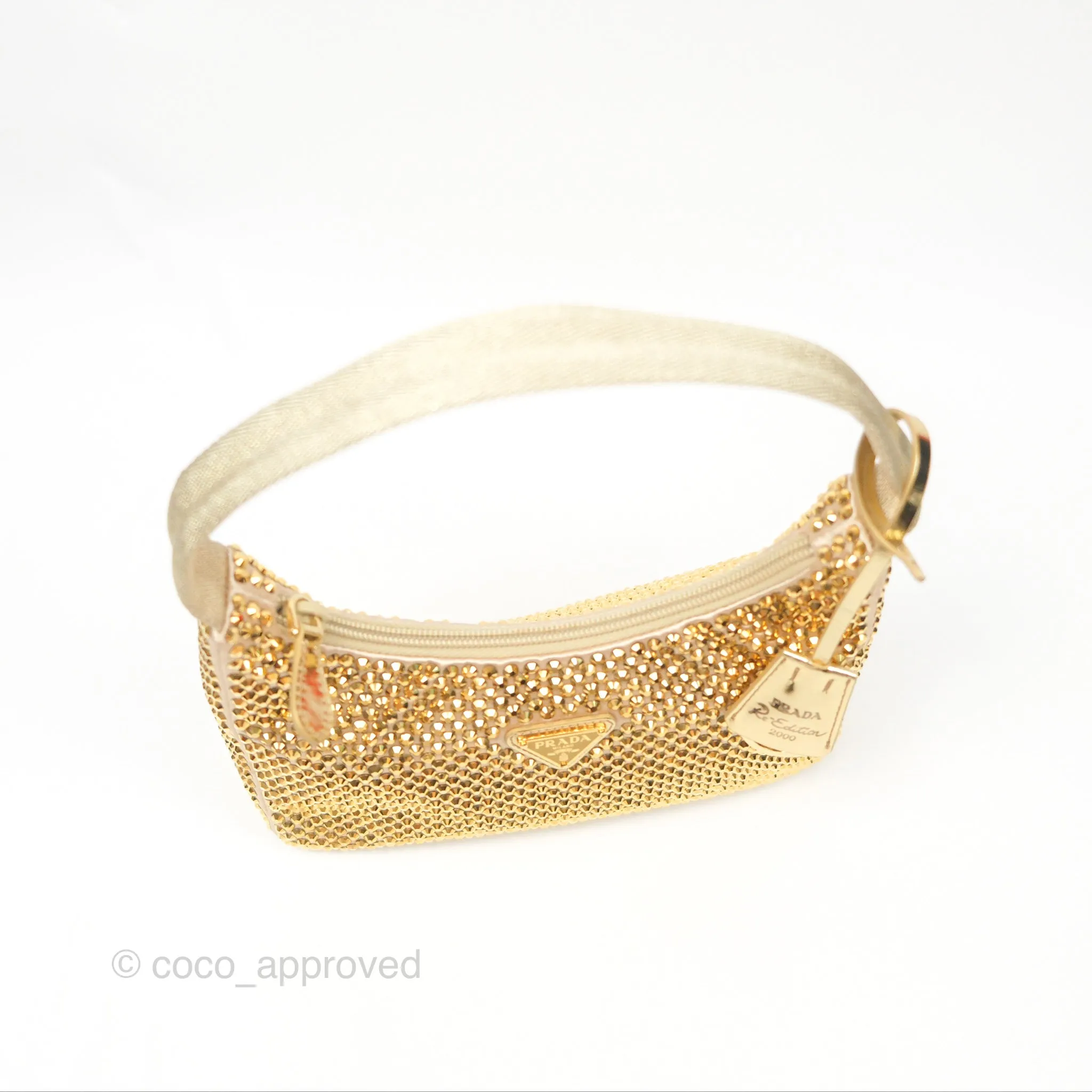 Prada Re-Edition 2000 Nylon Mini Bag Gold Crystal Embellished