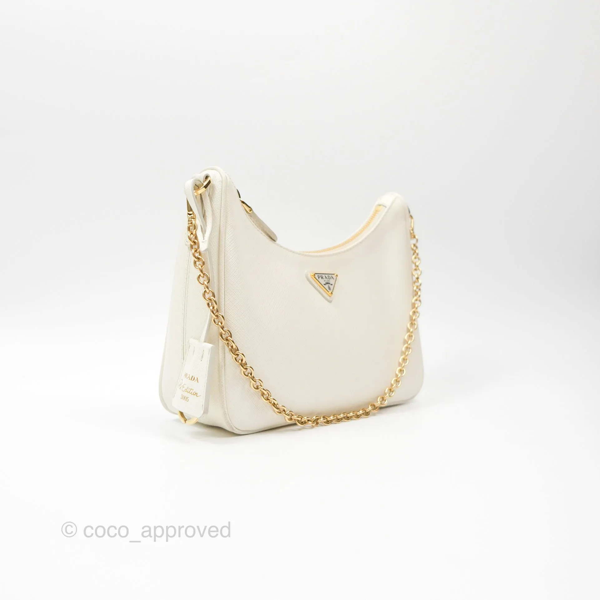 Prada Re-Edition 2005 Ivory White Saffiano Leather Bag Gold Hardware