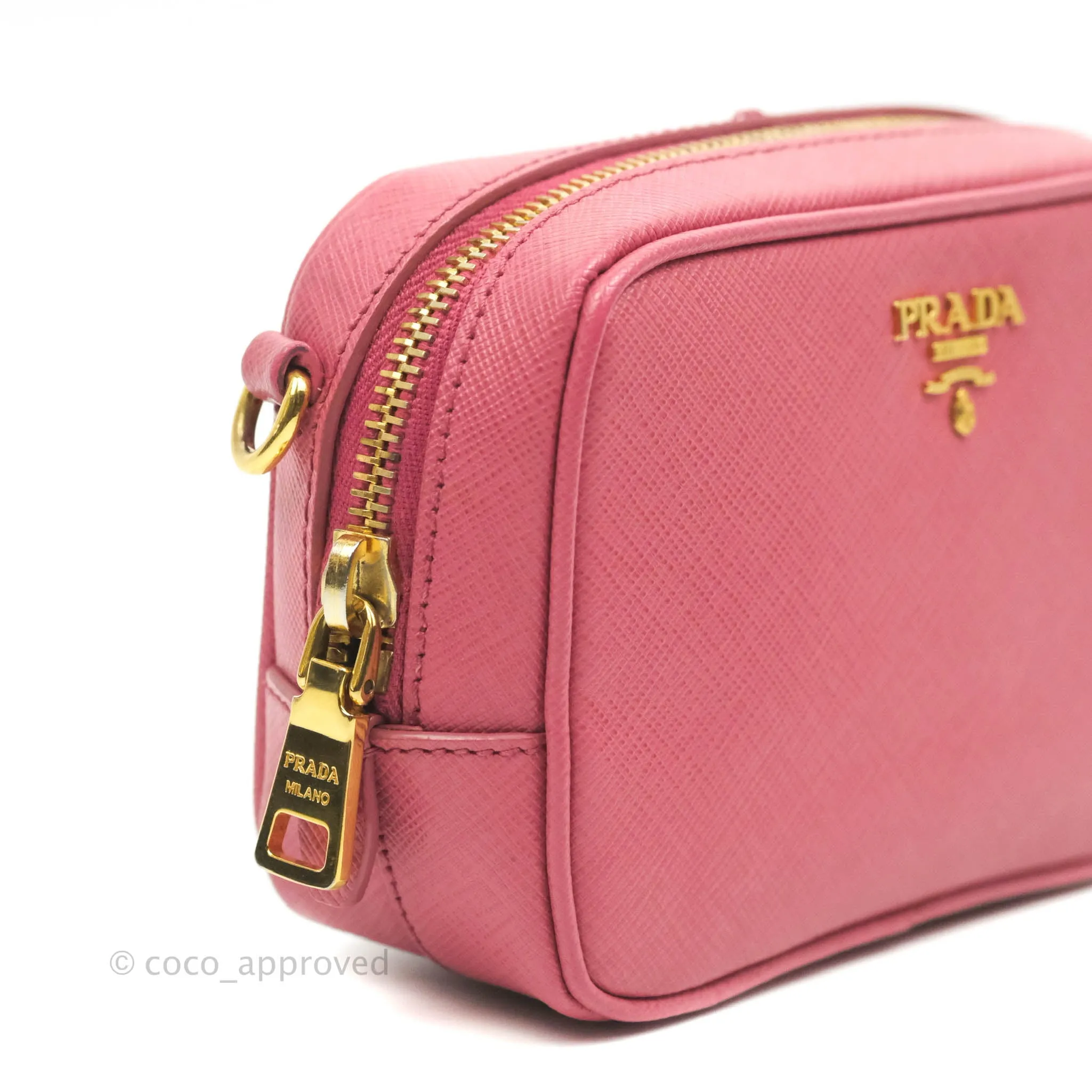 Prada Saffiano Mini Camera Bag in Red Gold Hardware