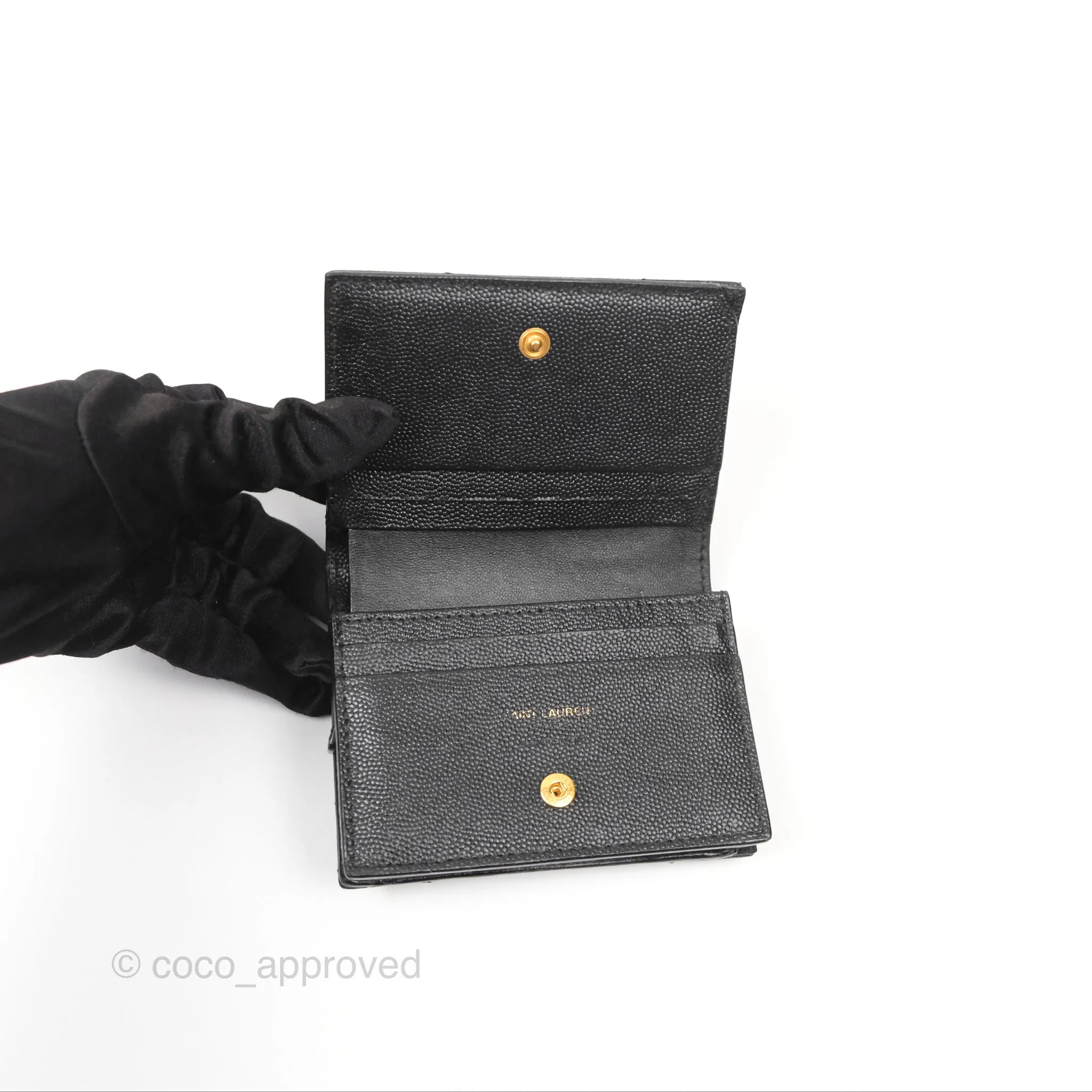 Saint Laurent Cassandre Matelasse Flap Card Case Black Grain De Poudre Leather