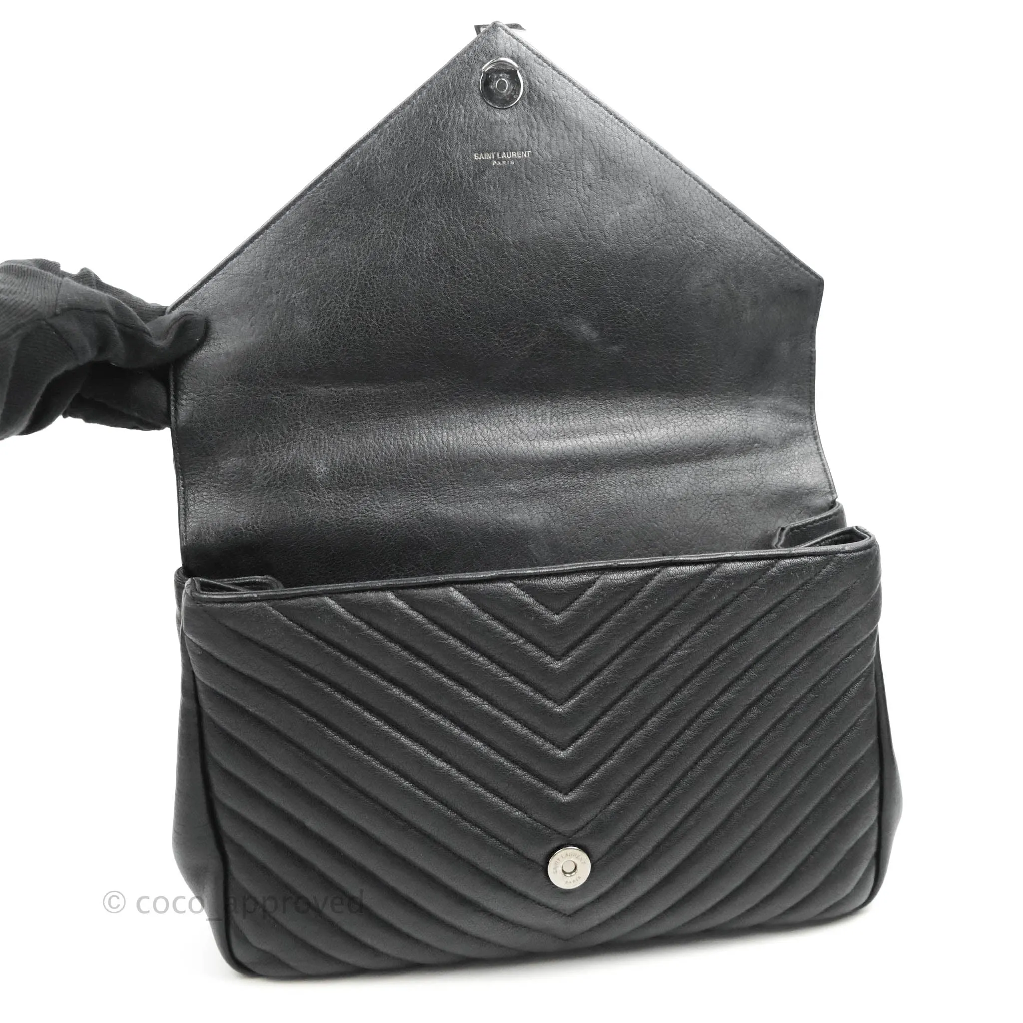 Saint Laurent Chevron Large College Black Chain Bag Ruthenium Hardware