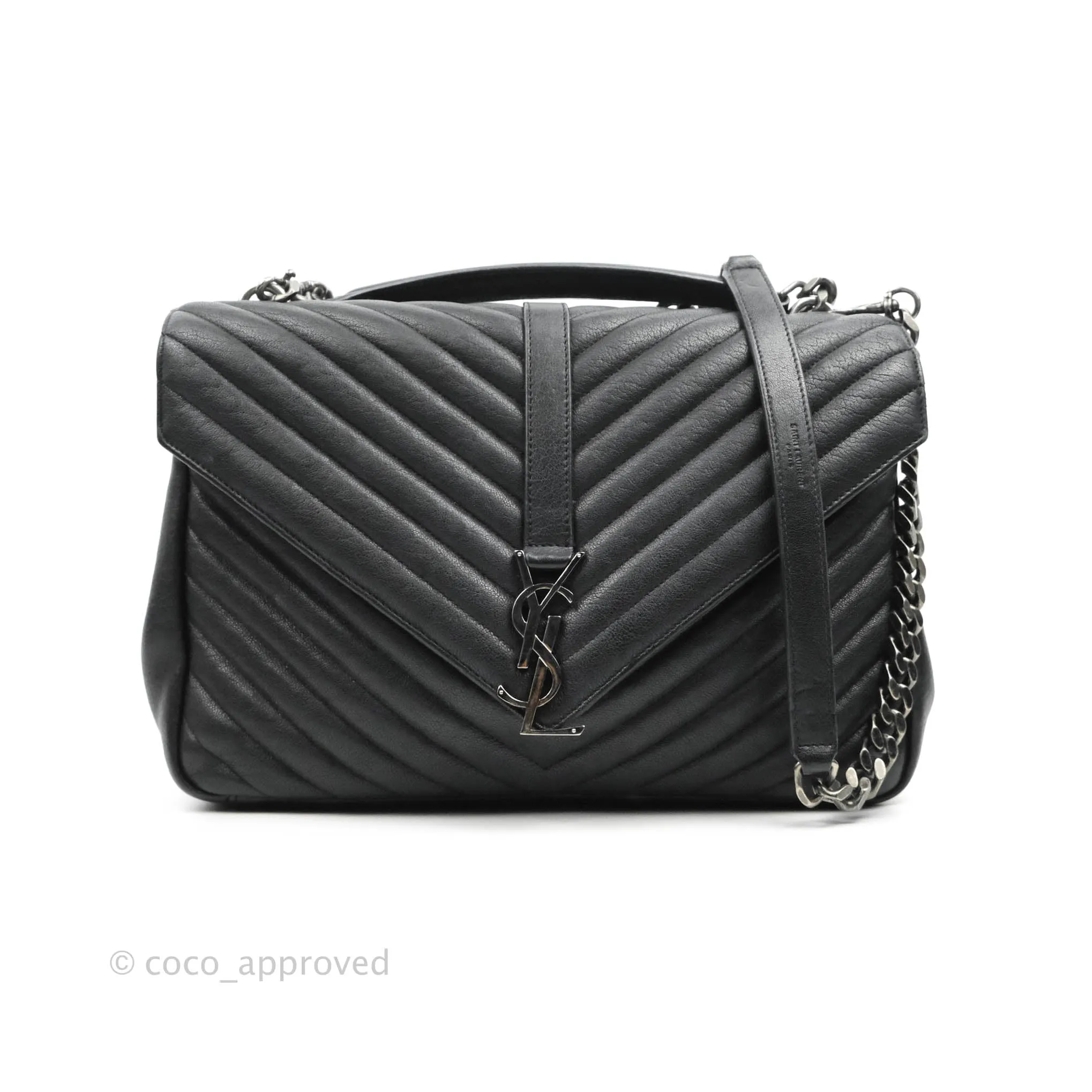 Saint Laurent Chevron Large College Black Chain Bag Ruthenium Hardware