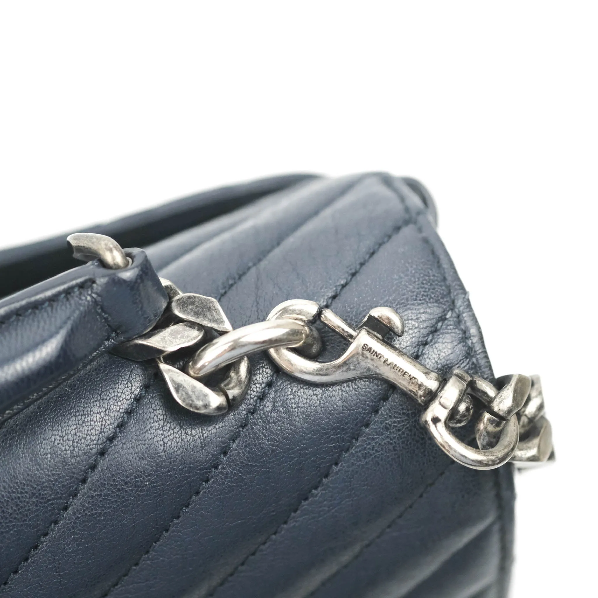 Saint Laurent Chevron Large College Navy Chain Bag Ruthenium Hardware