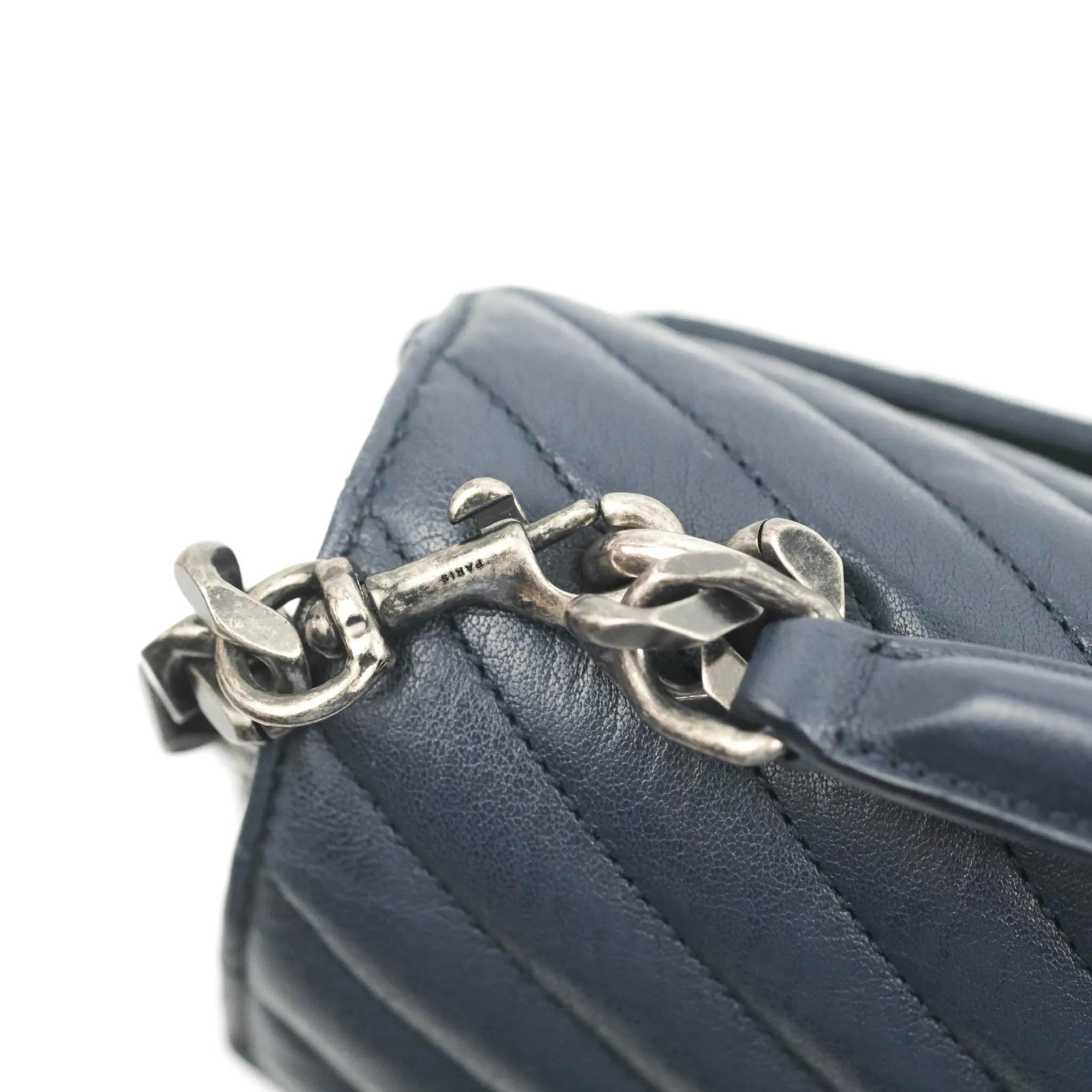 Saint Laurent Chevron Large College Navy Chain Bag Ruthenium Hardware
