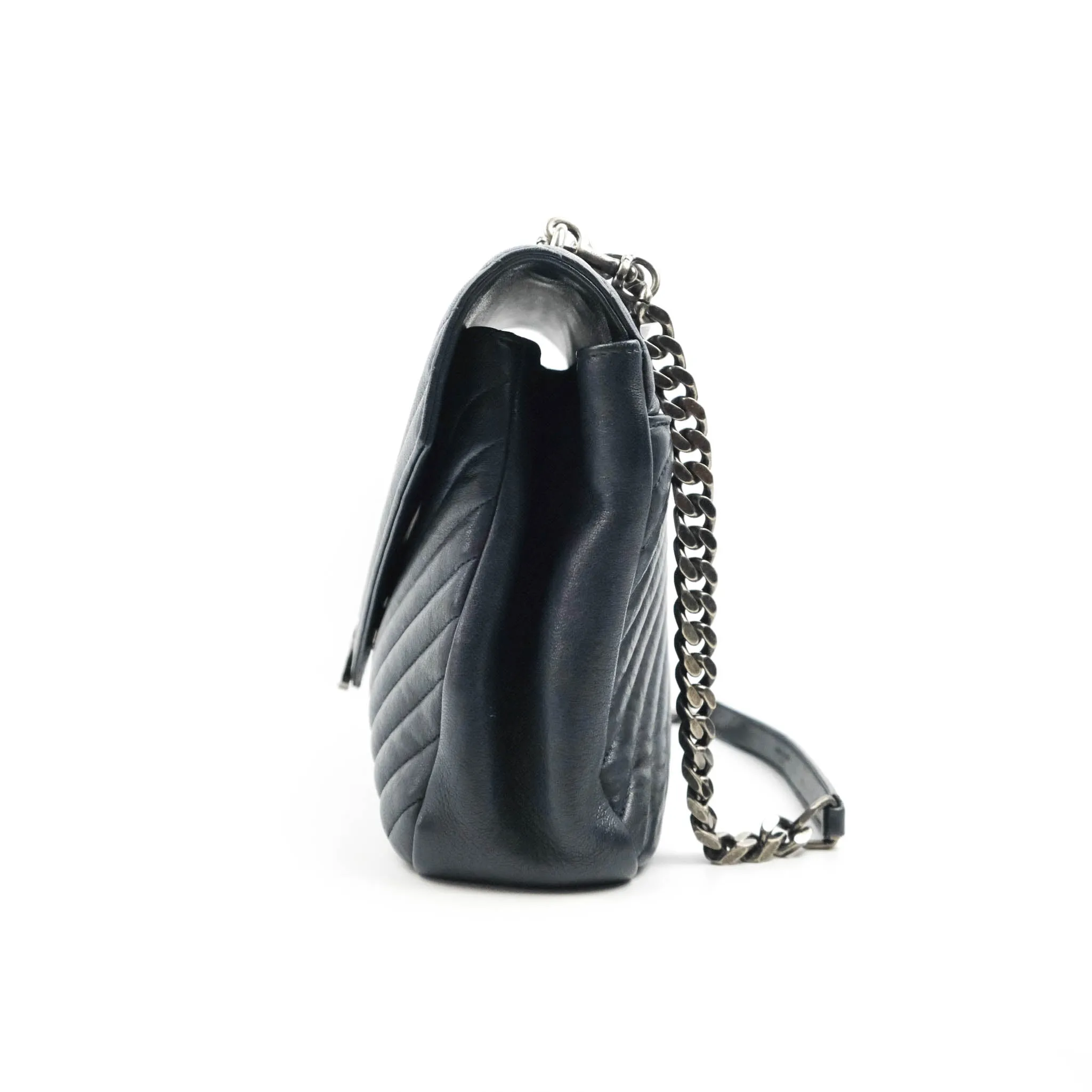 Saint Laurent Chevron Large College Navy Chain Bag Ruthenium Hardware