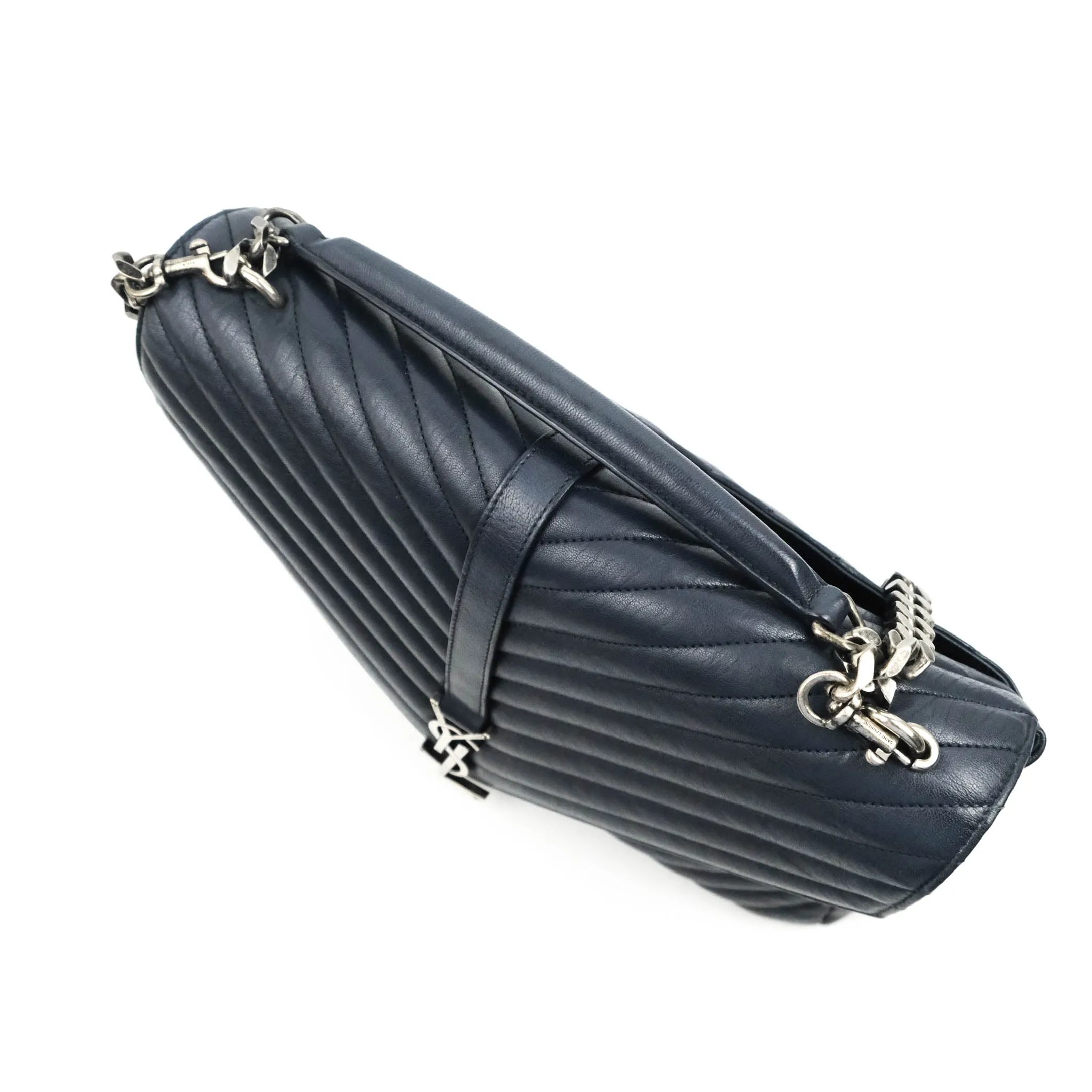 Saint Laurent Chevron Large College Navy Chain Bag Ruthenium Hardware