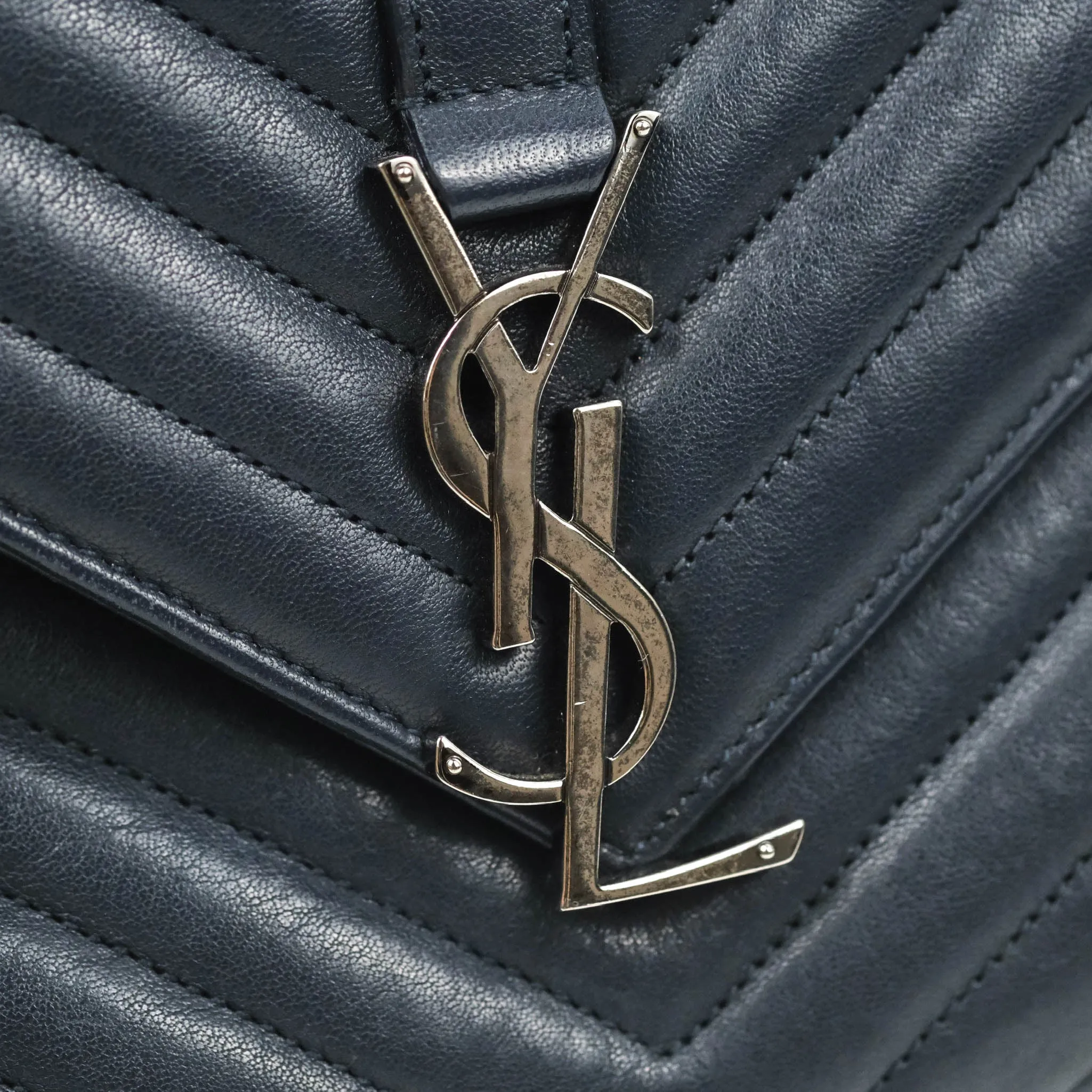 Saint Laurent Chevron Large College Navy Chain Bag Ruthenium Hardware