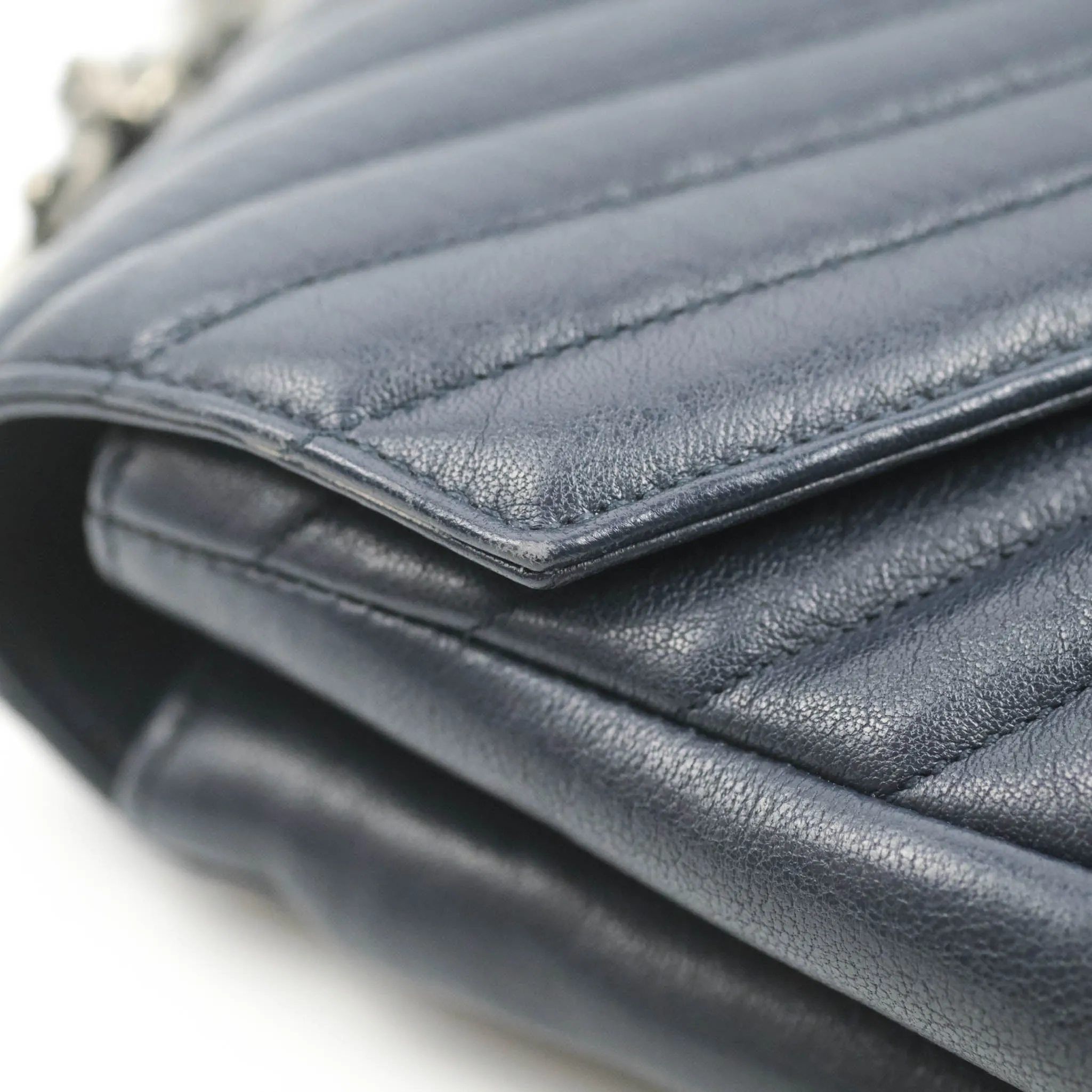 Saint Laurent Chevron Large College Navy Chain Bag Ruthenium Hardware