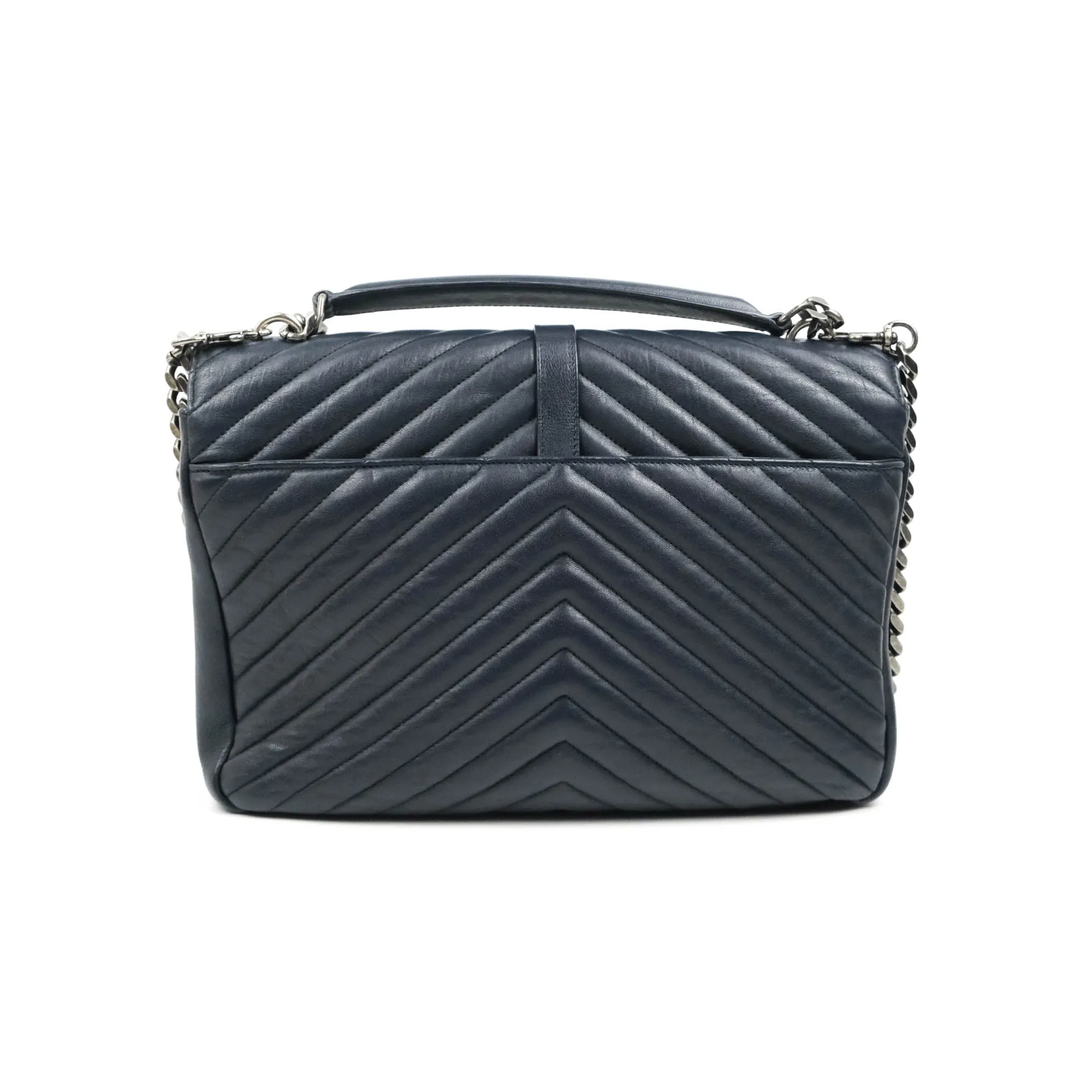 Saint Laurent Chevron Large College Navy Chain Bag Ruthenium Hardware