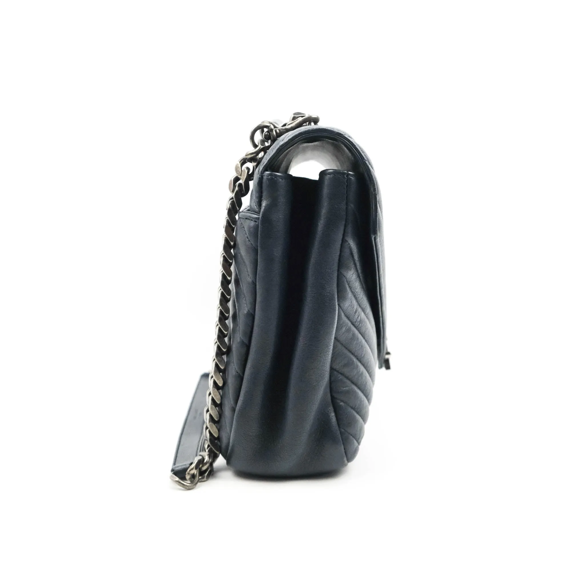 Saint Laurent Chevron Large College Navy Chain Bag Ruthenium Hardware