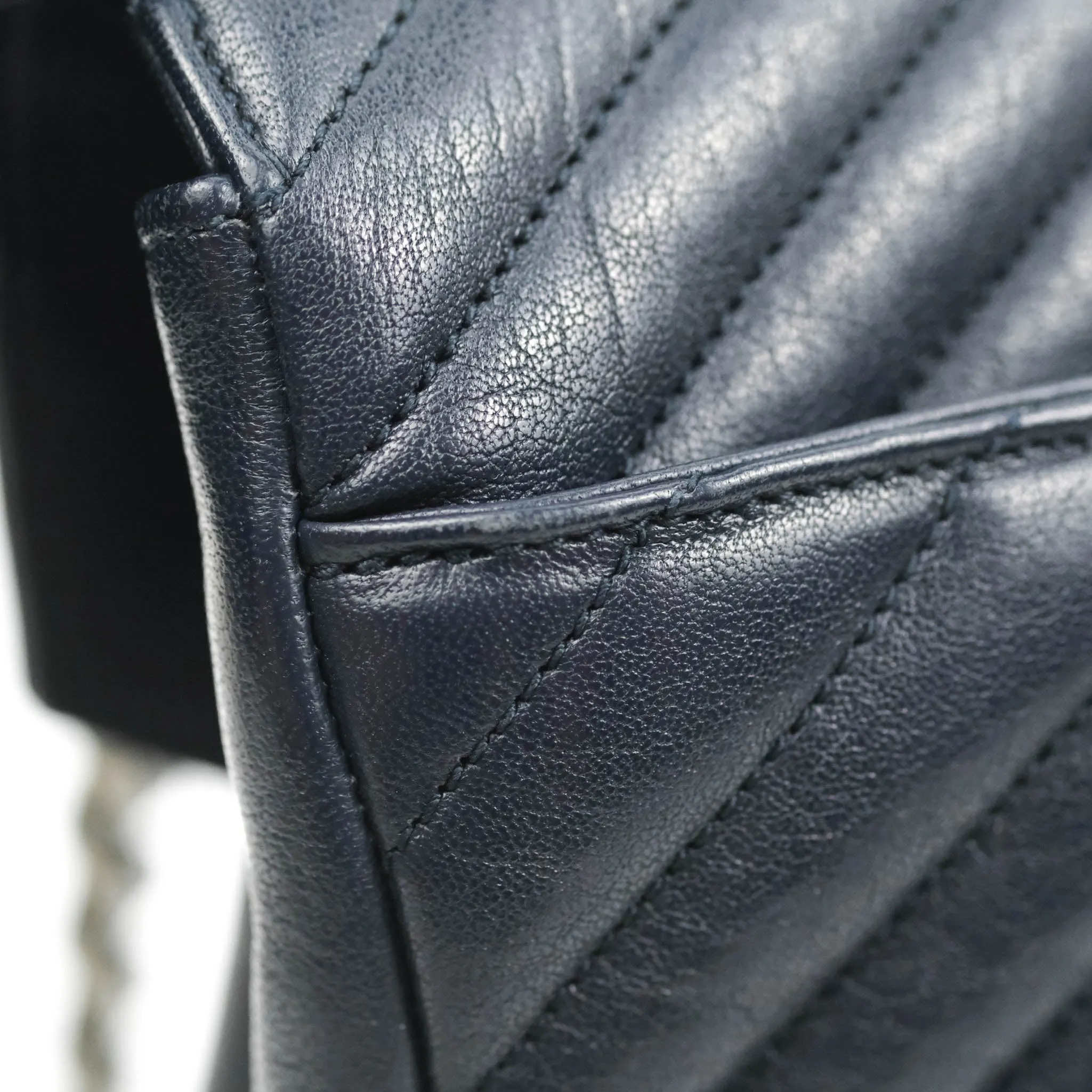 Saint Laurent Chevron Large College Navy Chain Bag Ruthenium Hardware