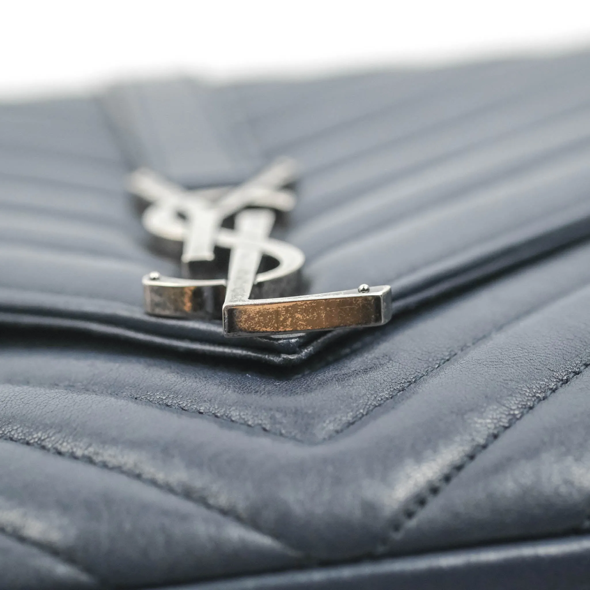 Saint Laurent Chevron Large College Navy Chain Bag Ruthenium Hardware