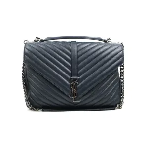 Saint Laurent Chevron Large College Navy Chain Bag Ruthenium Hardware