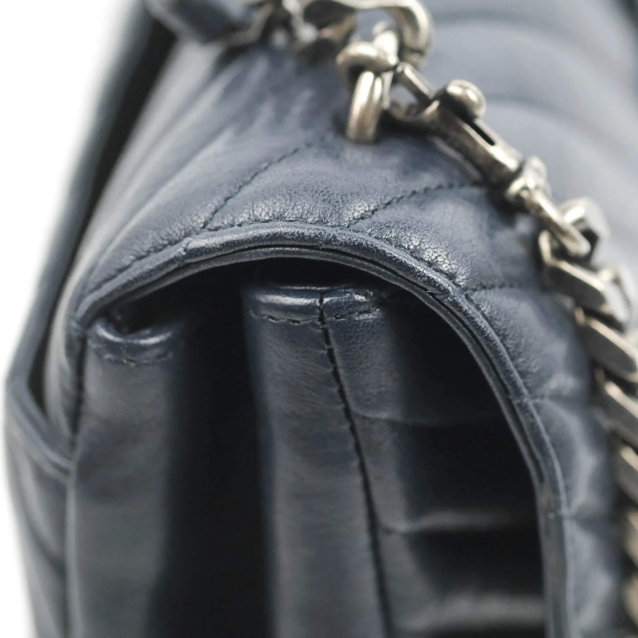Saint Laurent Chevron Large College Navy Chain Bag Ruthenium Hardware