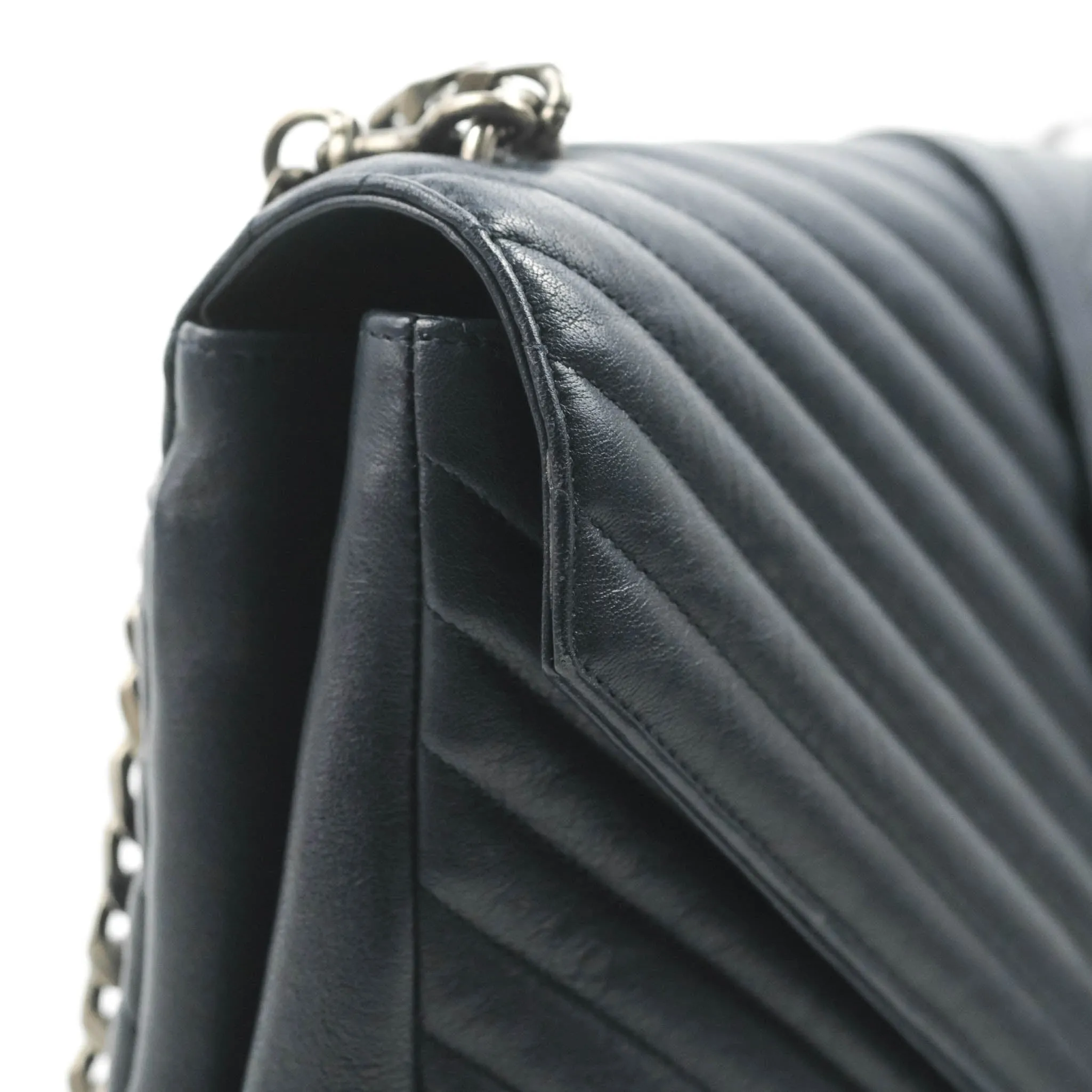 Saint Laurent Chevron Large College Navy Chain Bag Ruthenium Hardware