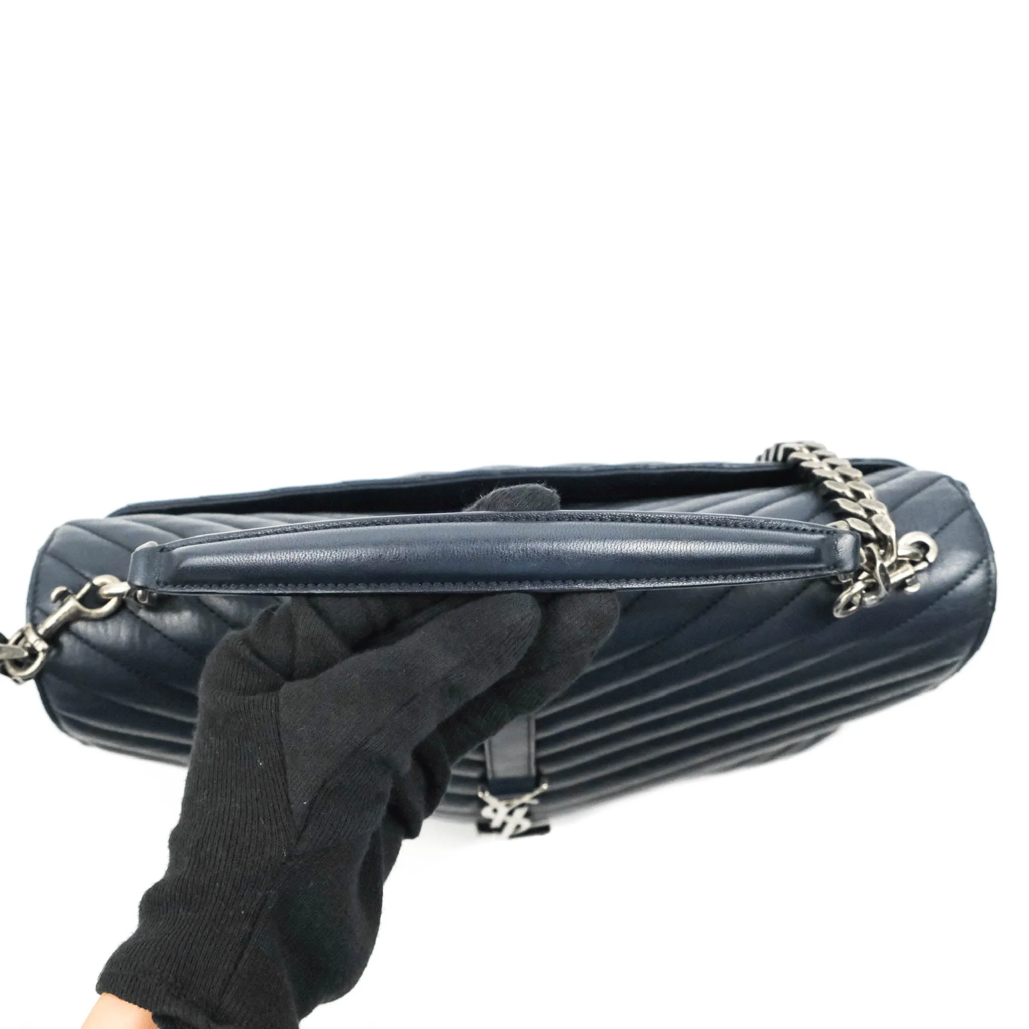 Saint Laurent Chevron Large College Navy Chain Bag Ruthenium Hardware