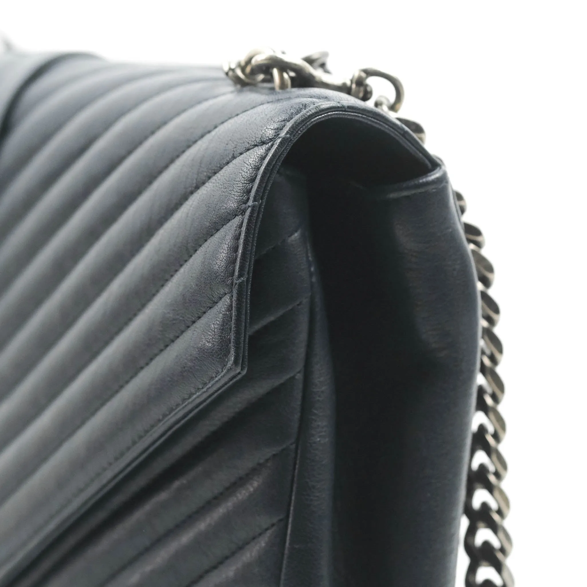 Saint Laurent Chevron Large College Navy Chain Bag Ruthenium Hardware