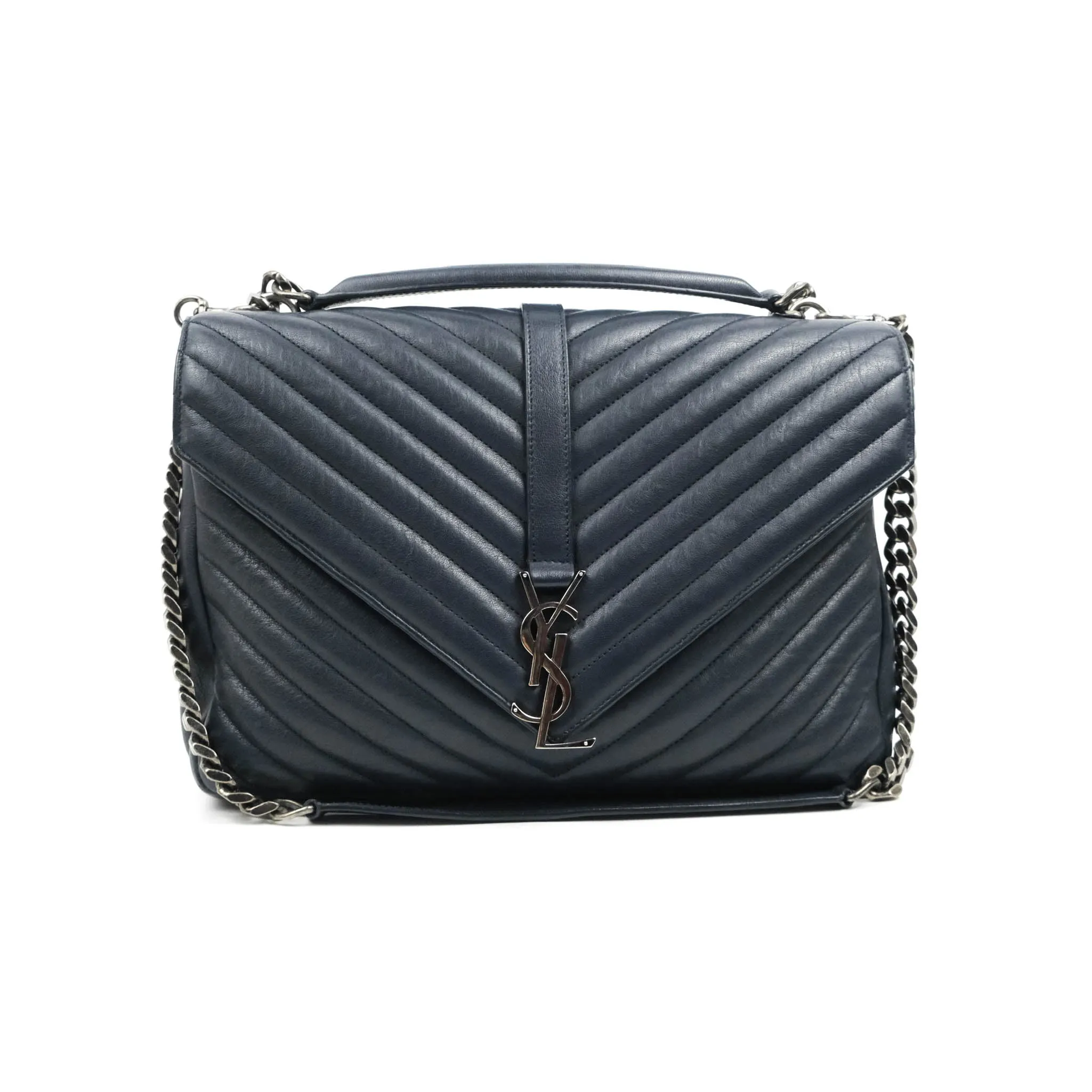 Saint Laurent Chevron Large College Navy Chain Bag Ruthenium Hardware